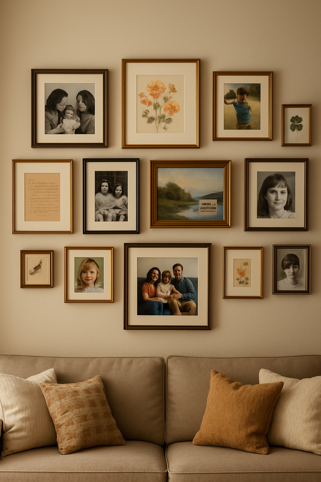 Gallery wall com fotos e objetos afetivos