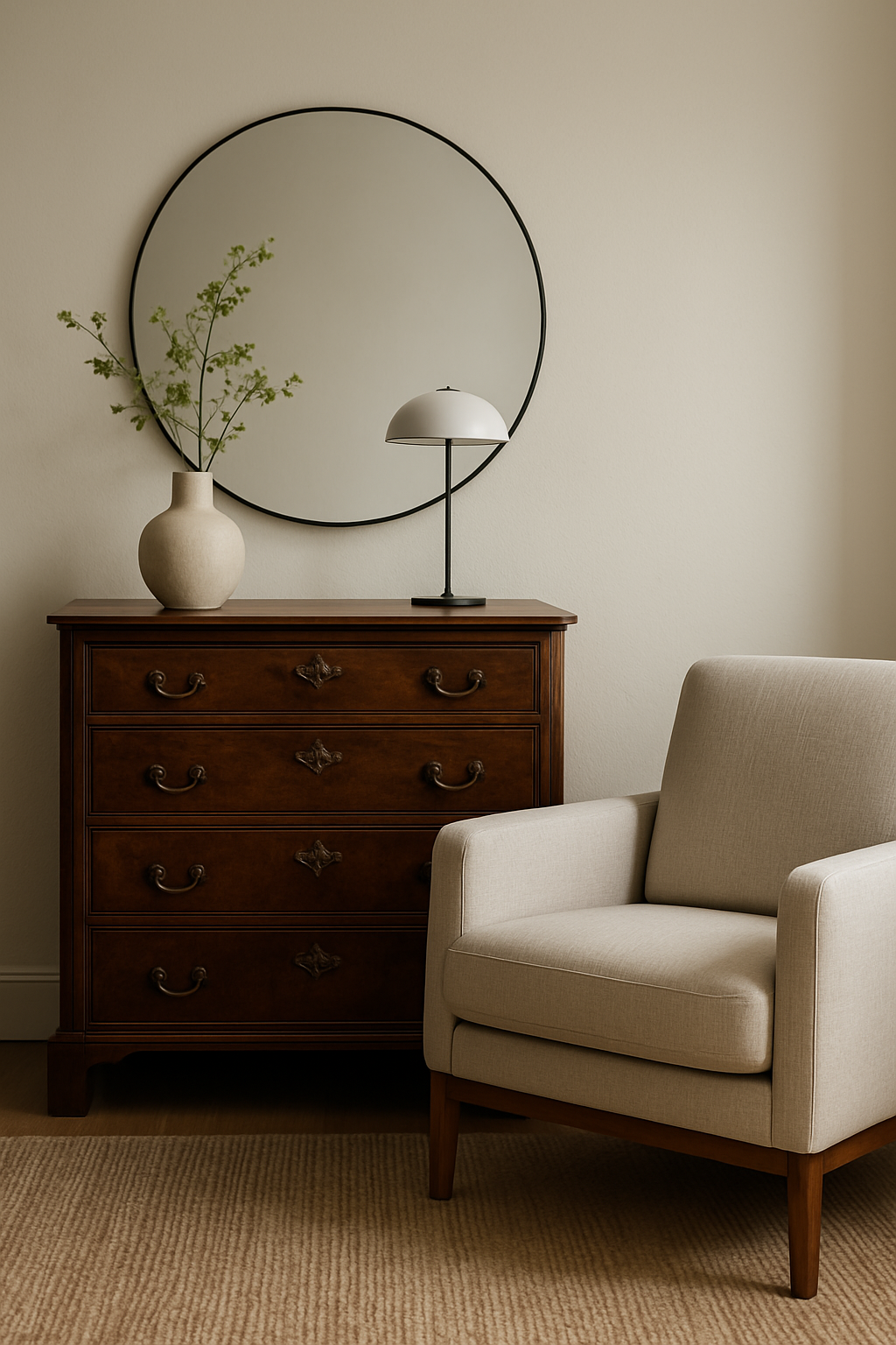 Cômoda antiga com decoração moderna