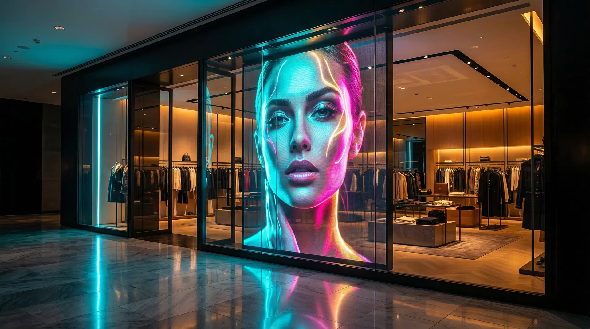 Transparent LED display on retail storefront