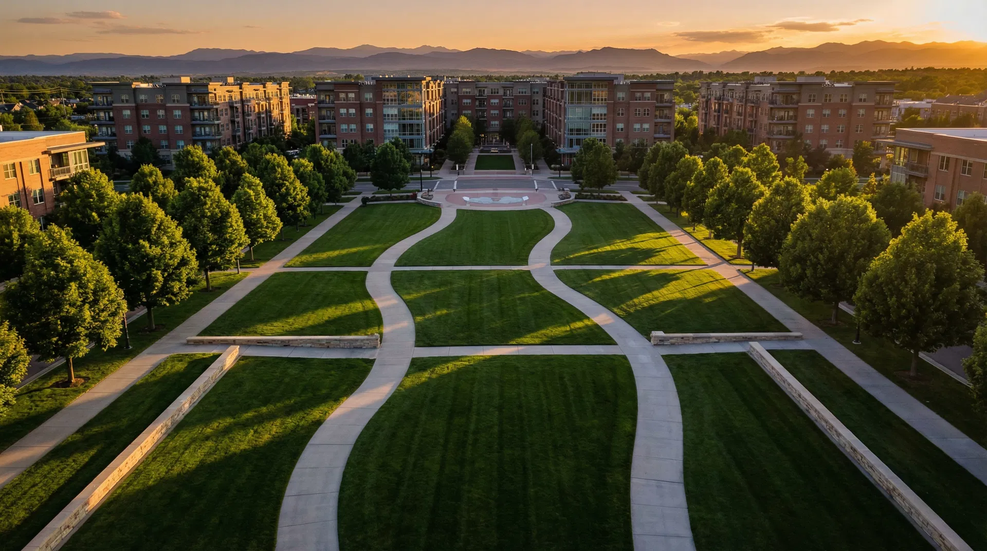Pristine commercial landscape at golden hour