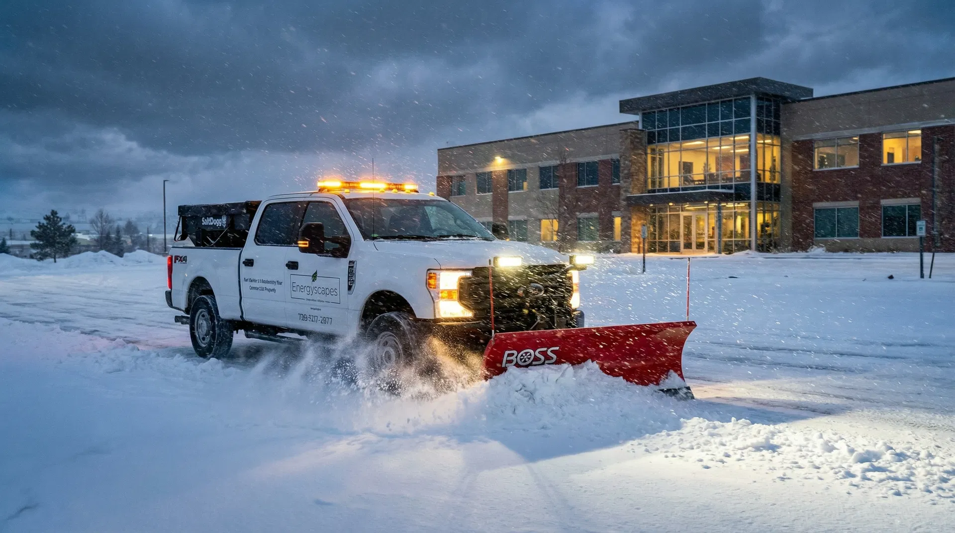 Commercial snow removal at dawn