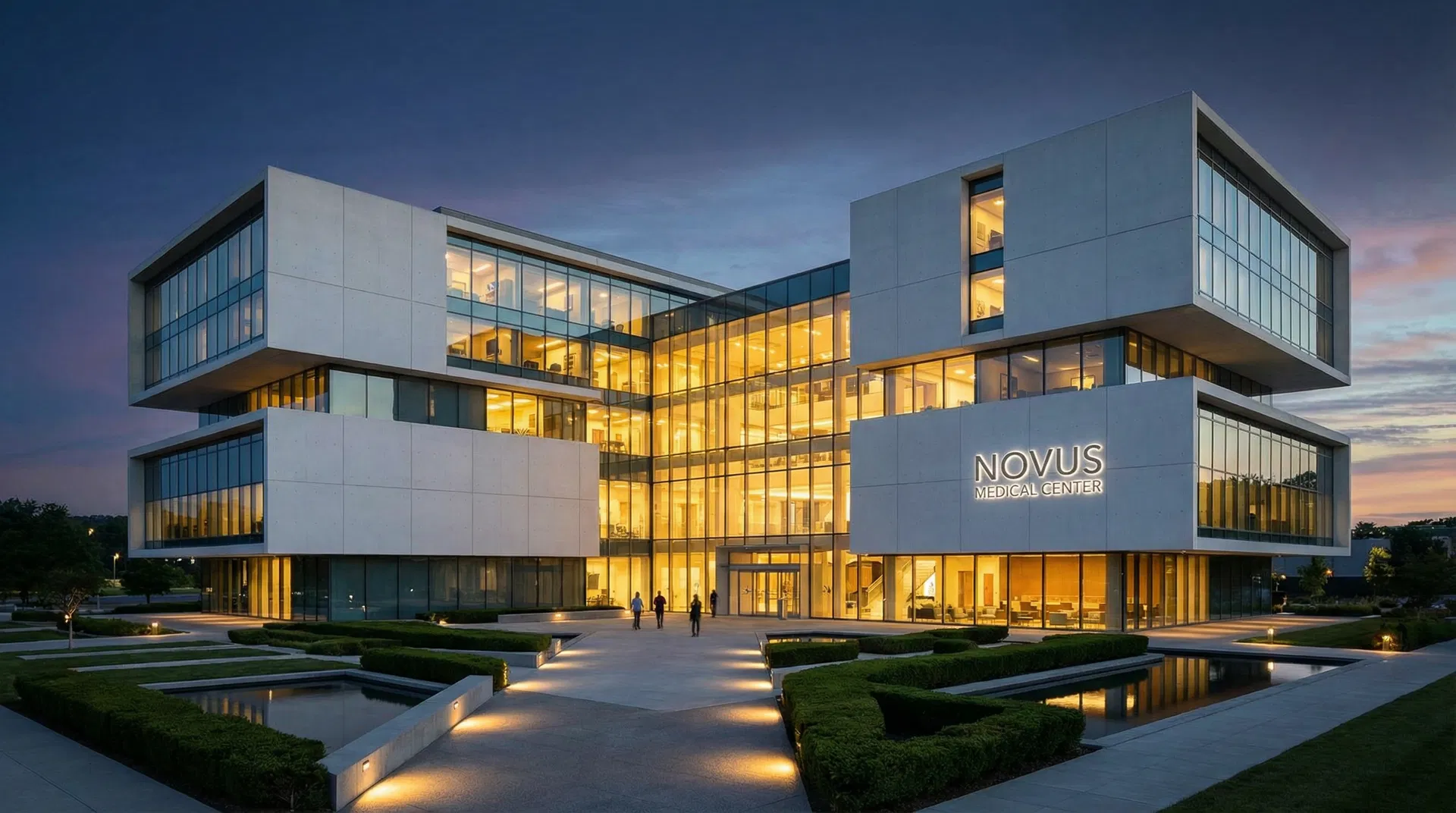 Modern hospital building at dusk