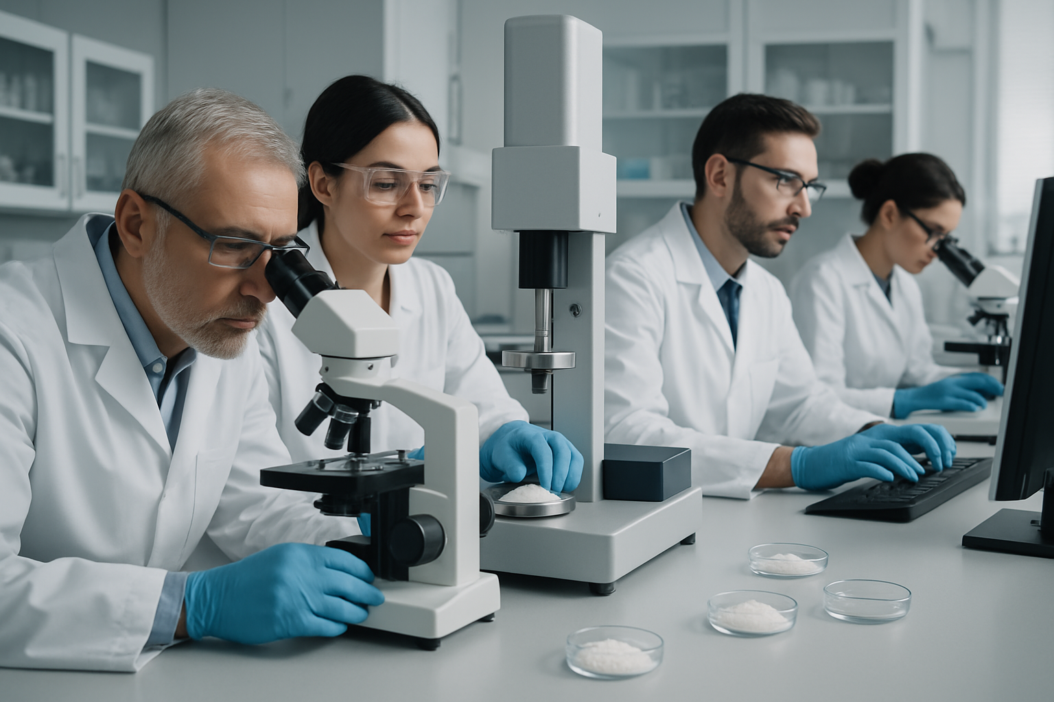 Technical specialists from a leading zircon powder supplier conducting application testing in a laboratory setting