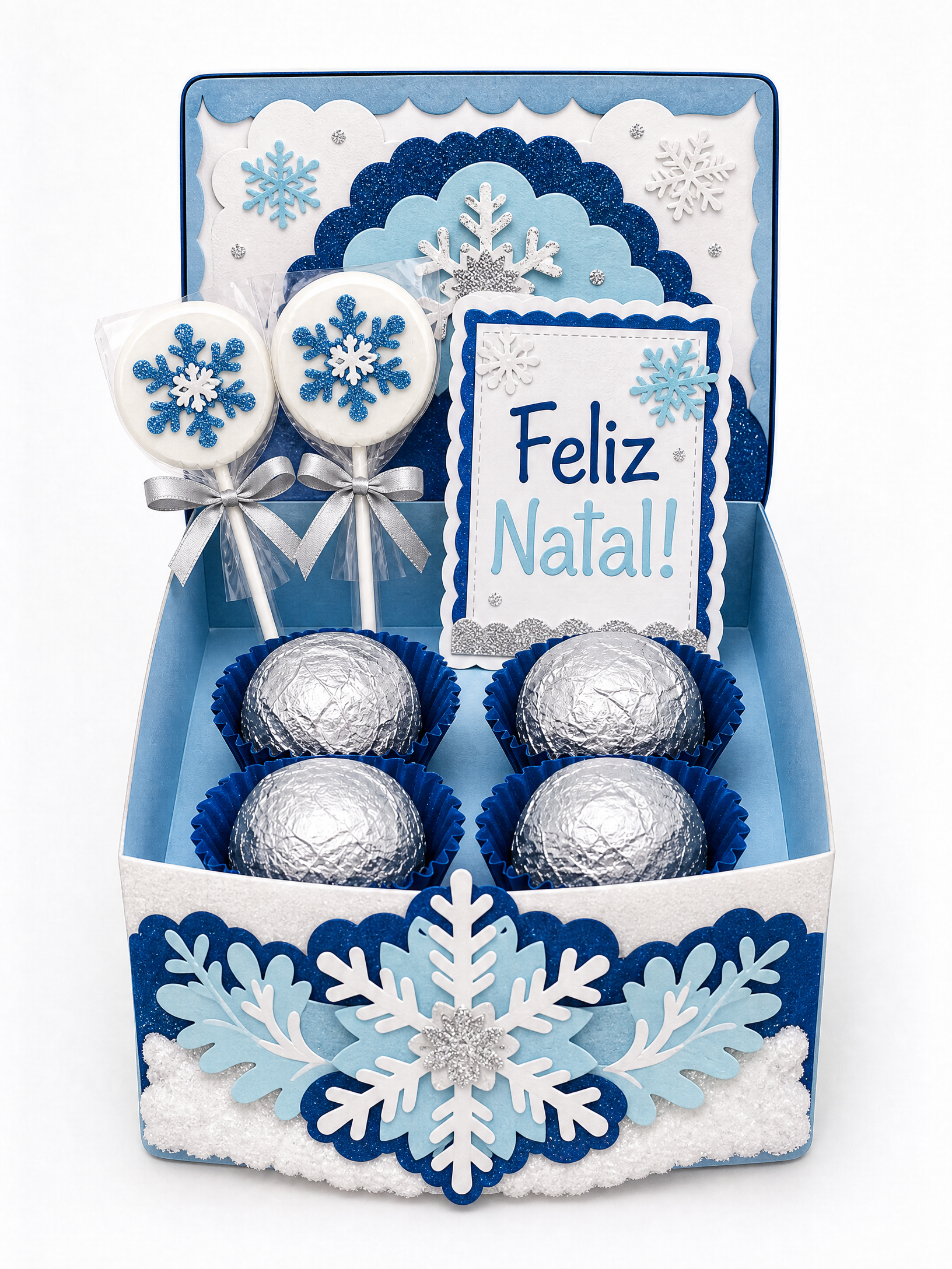 Caixa natalina artesanal escolar com tema floco de neve