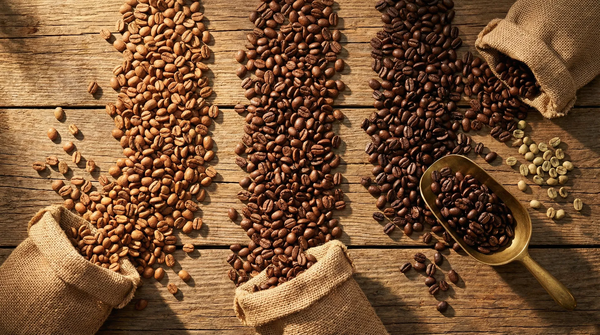 Coffee beans in various roast levels