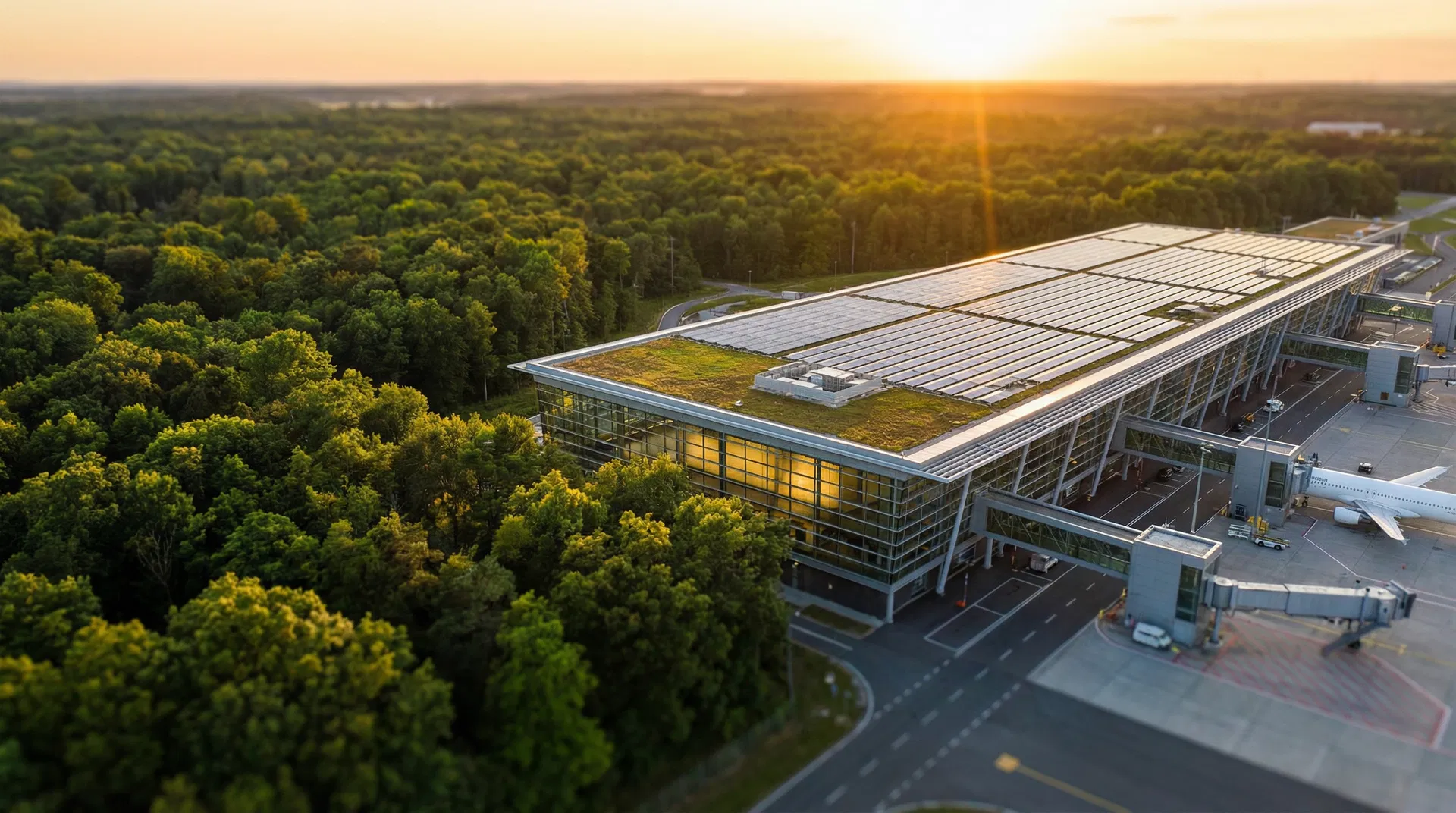 Sustainable aviation terminal surrounded by forest at golden hour