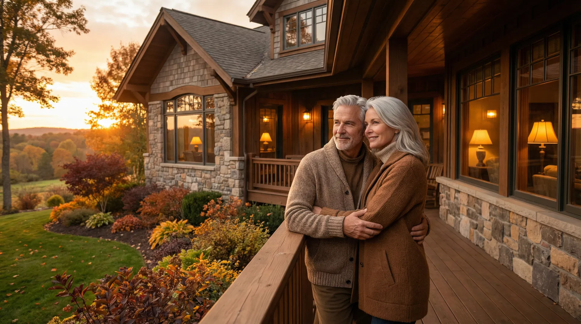 Mature couple embracing on the porch of their beautiful home at sunset, representing lifelong security and whole life insurance protection