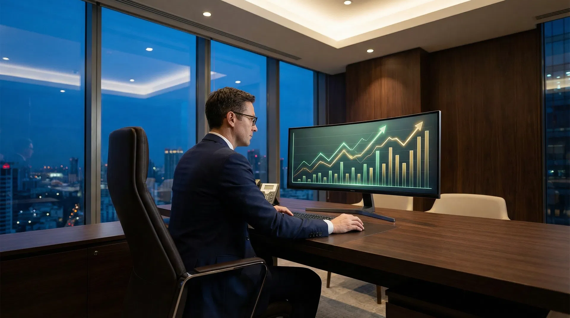 Business professional reviewing financial growth charts in a modern office at dusk, representing strategic wealth building through IUL insurance