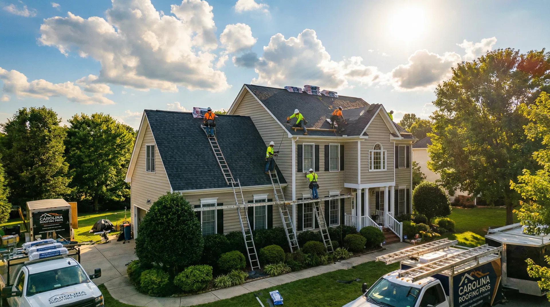 Happy Days Roofing & Construction crew installing a new roof on a North Carolina home