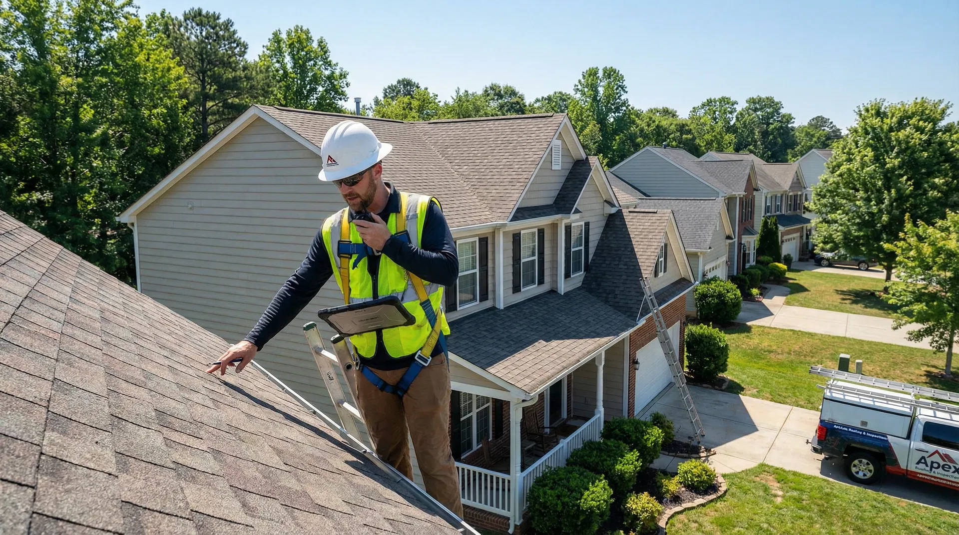 Happy Days Roofing owner conducting a professional roof inspection in Albemarle, NC