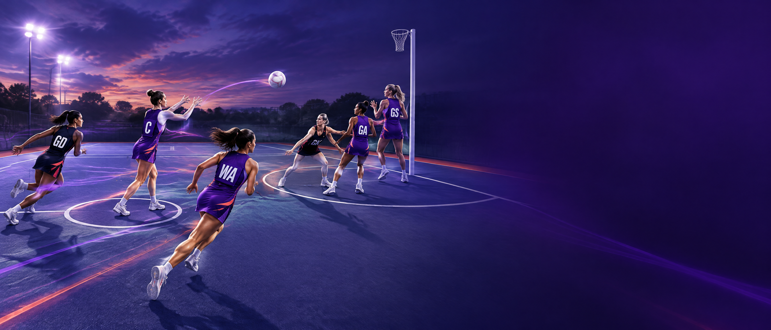 Vibrant netball coaching illustration showing centre-pass attack