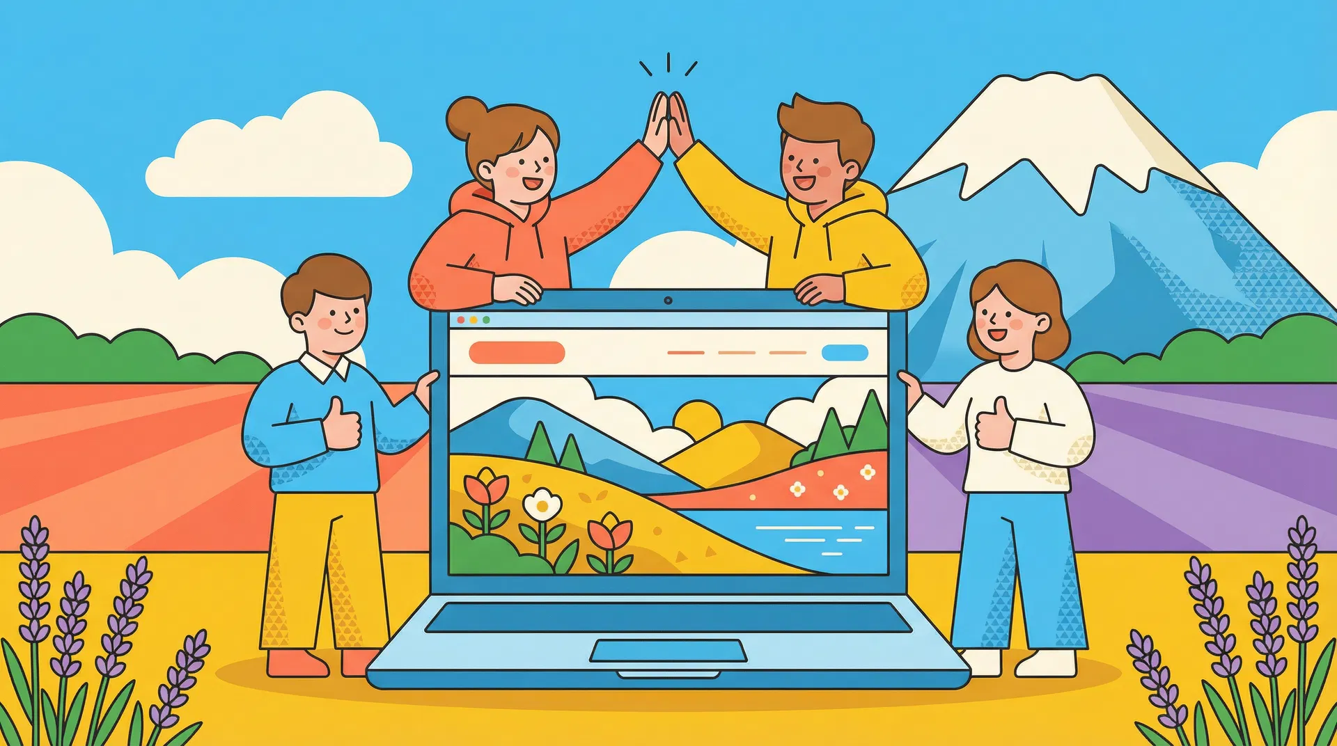 チームで協力してWebサイトを制作するイラスト