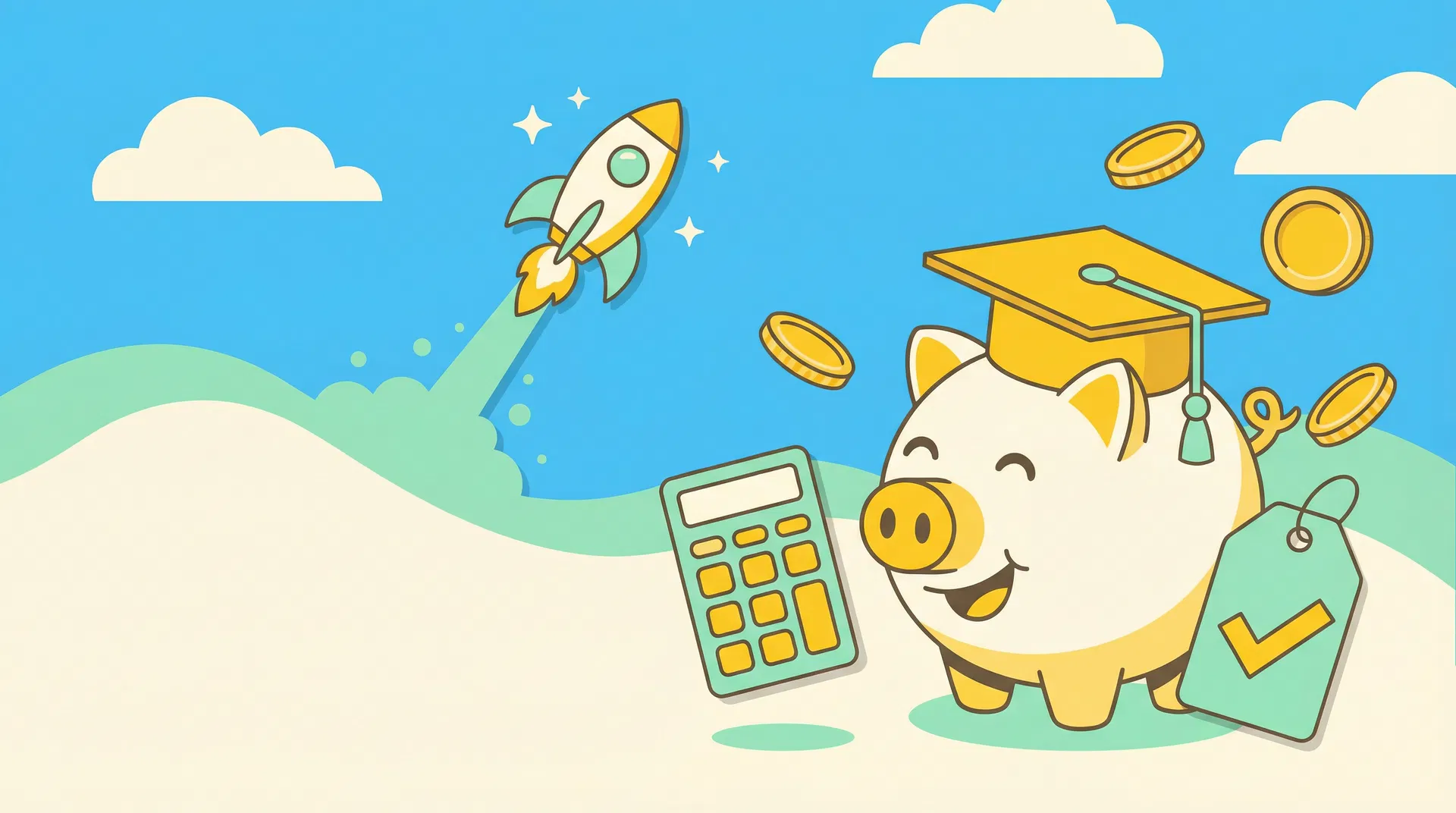 コストパフォーマンスを表す貯金箱とロケットのイラスト