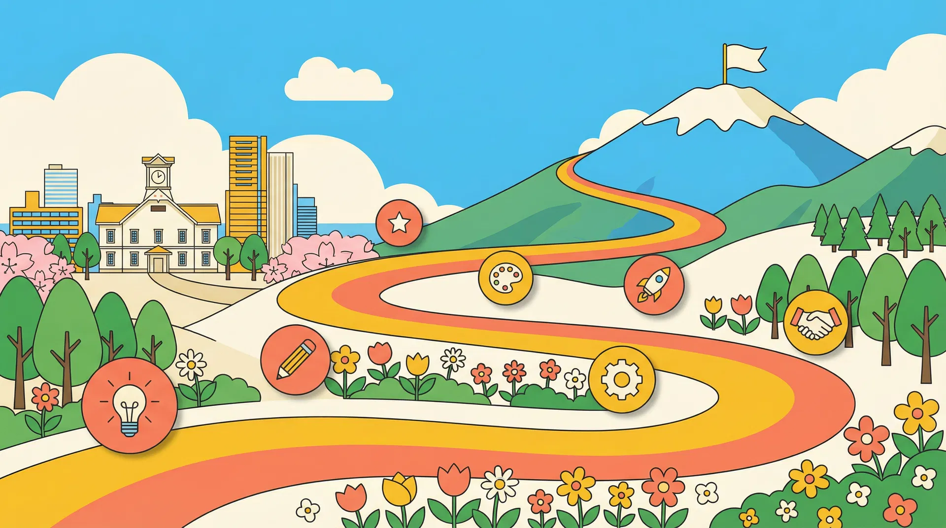 制作の流れを表す北海道の道路とマイルストーンのイラスト