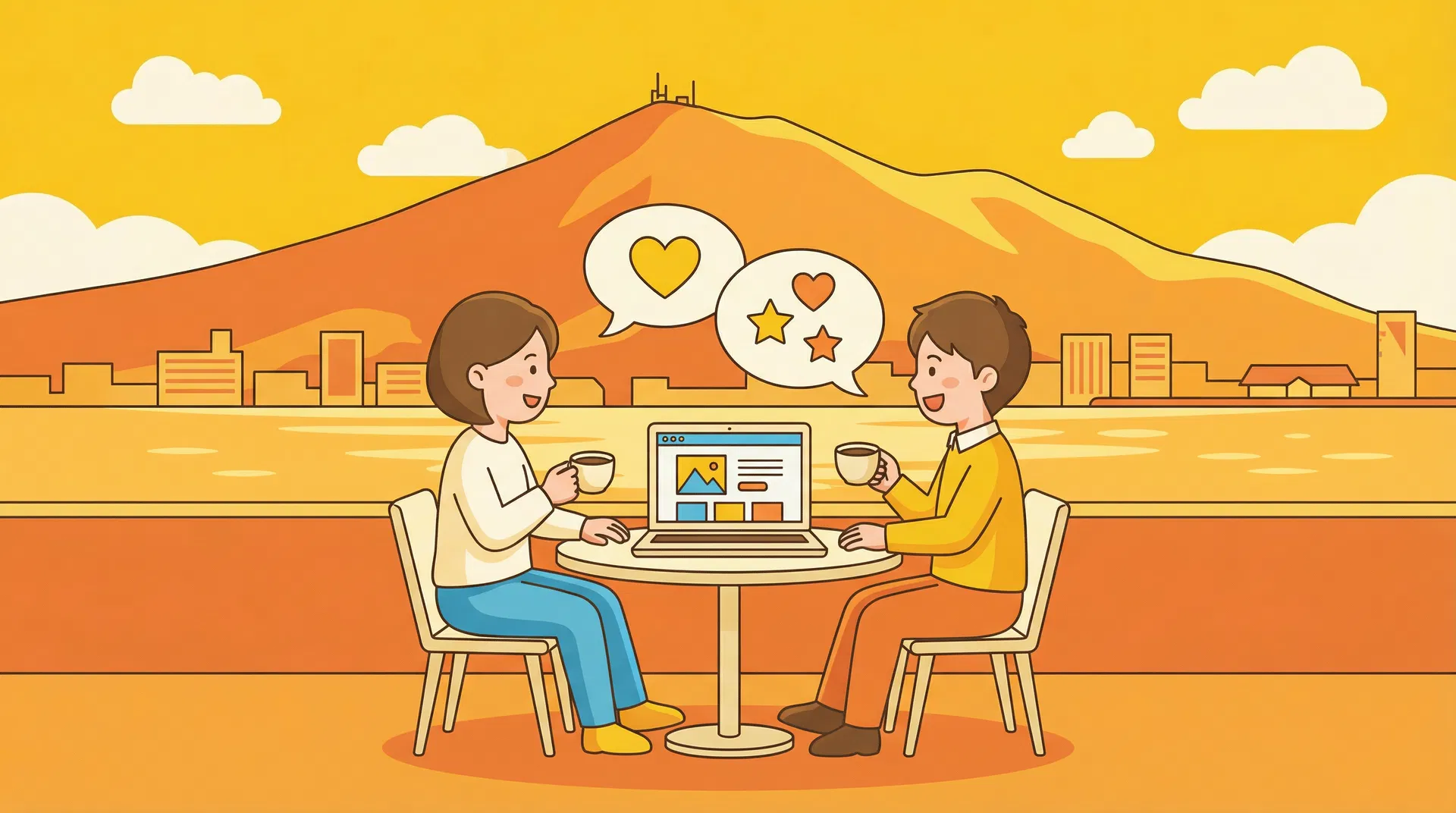 函館の夕景でお客様と打ち合わせするイラスト