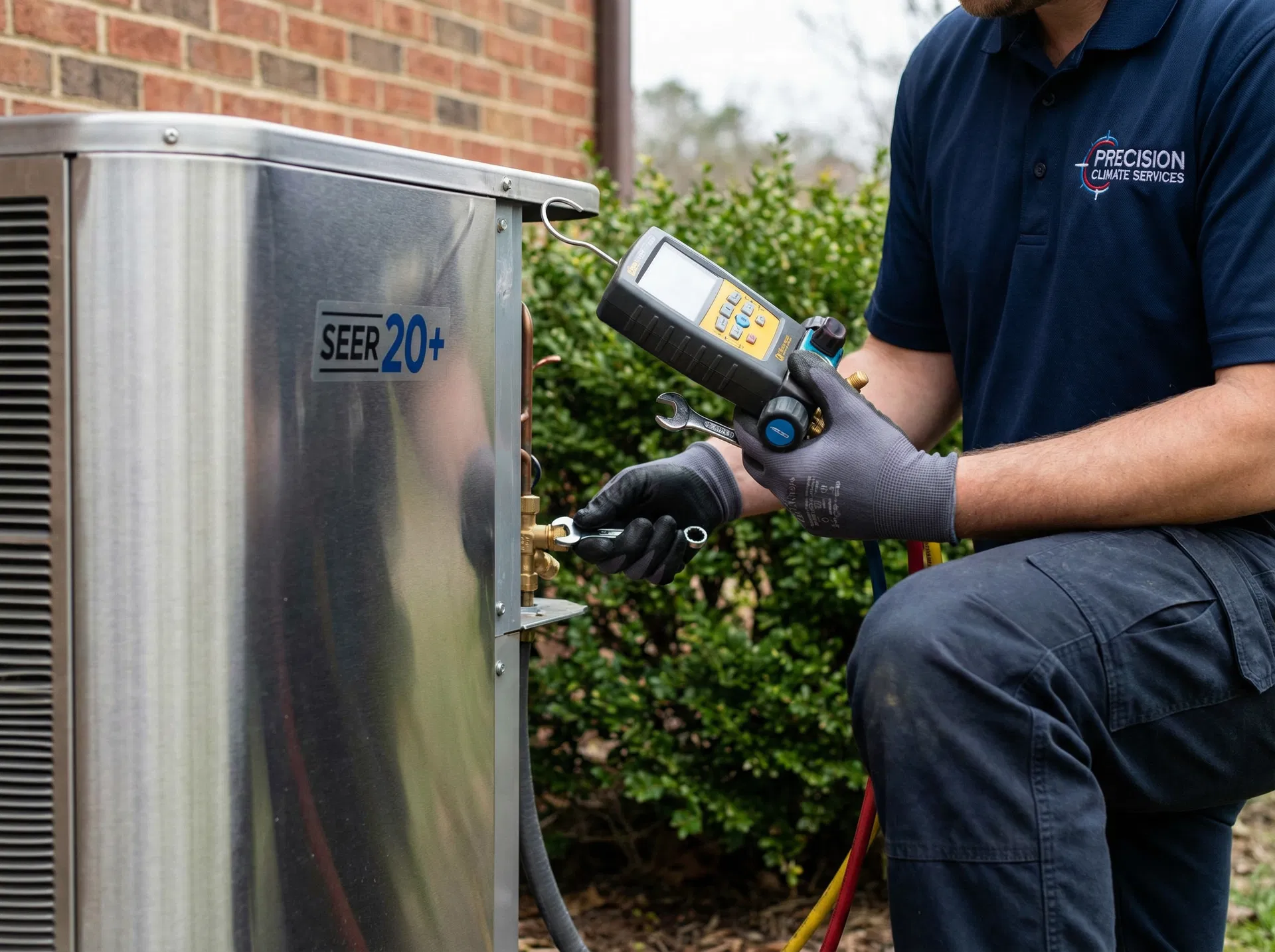 HVAC technician servicing air conditioning unit