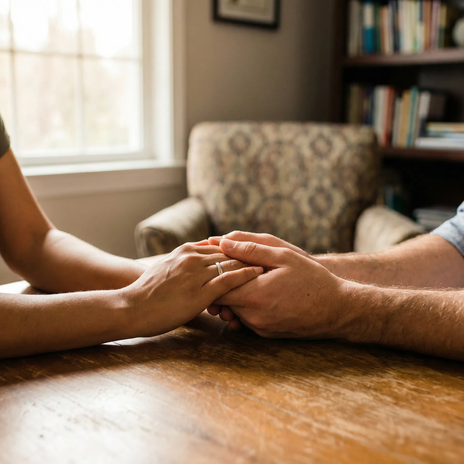 Mixed-race couple holding hands in therapy setting
