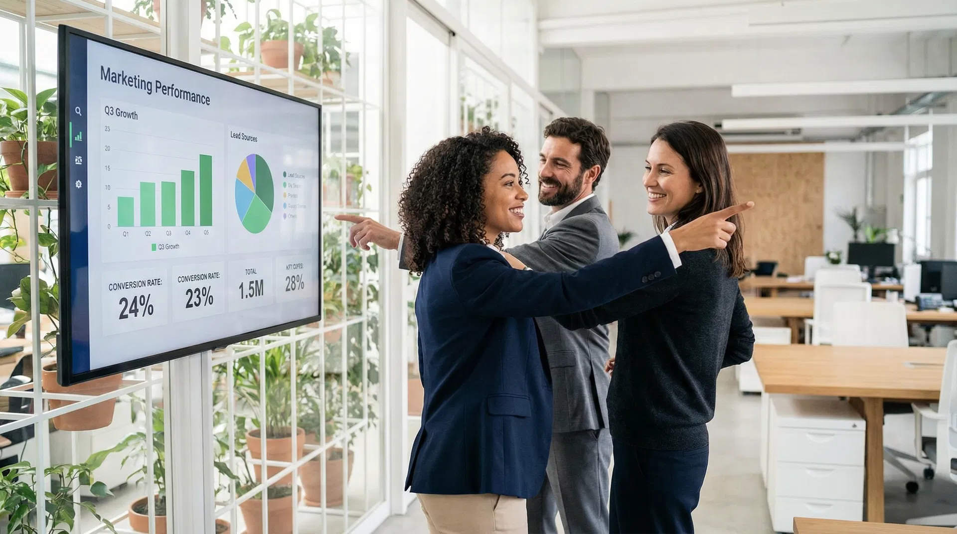 Business team reviewing marketing analytics dashboard showing growth metrics