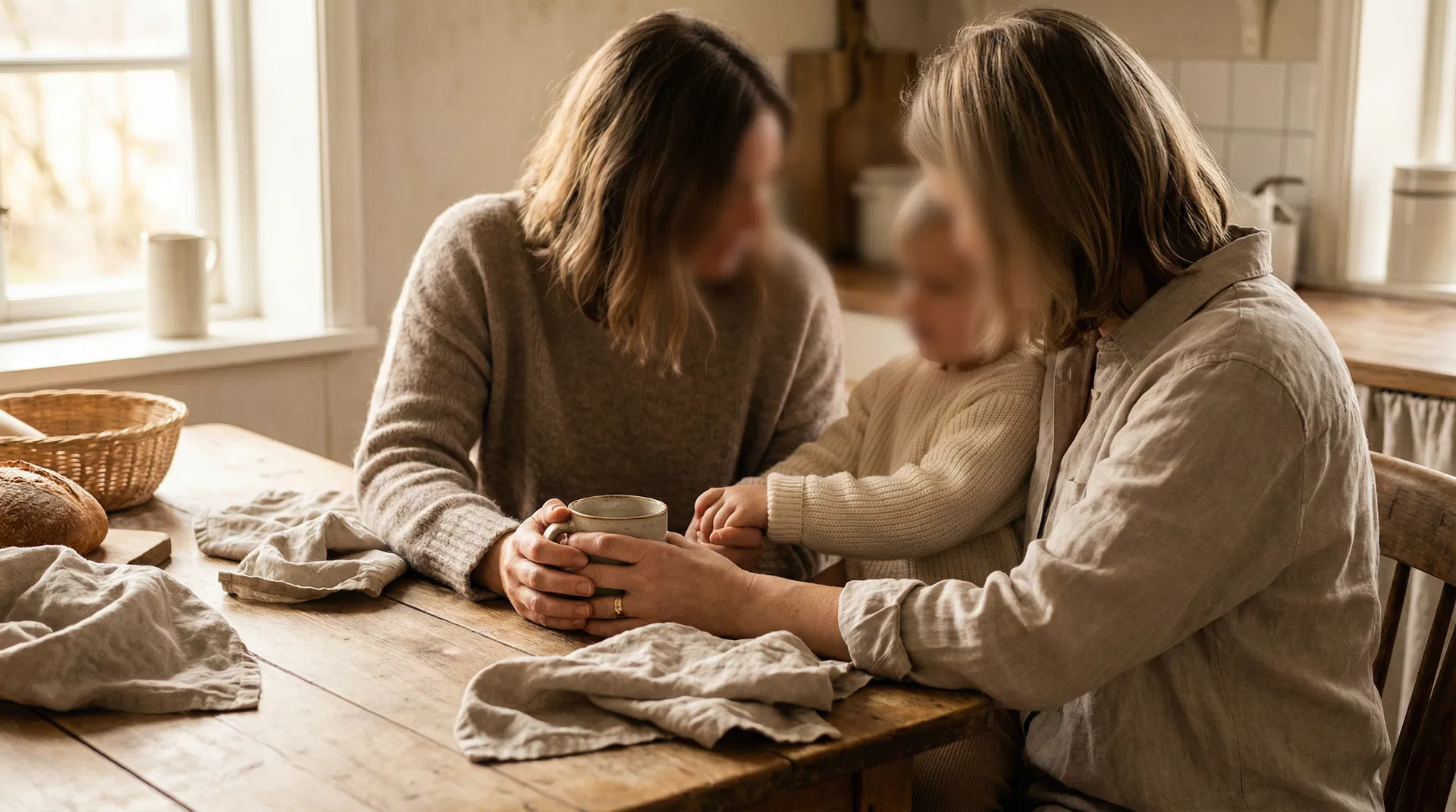 Two adults and a child sharing a warm moment at a kitchen table