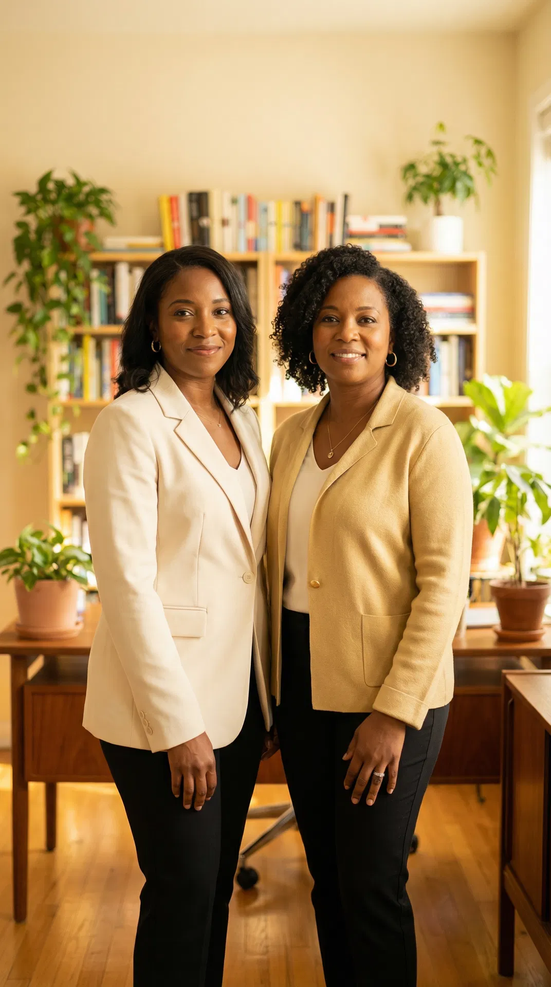 Nickelle and Natasha, founders of Kinship Care Support, standing together in a warm office setting