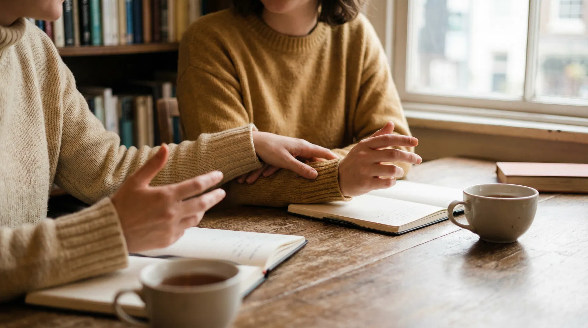Two people in a supportive conversation at a table with notebooks and tea