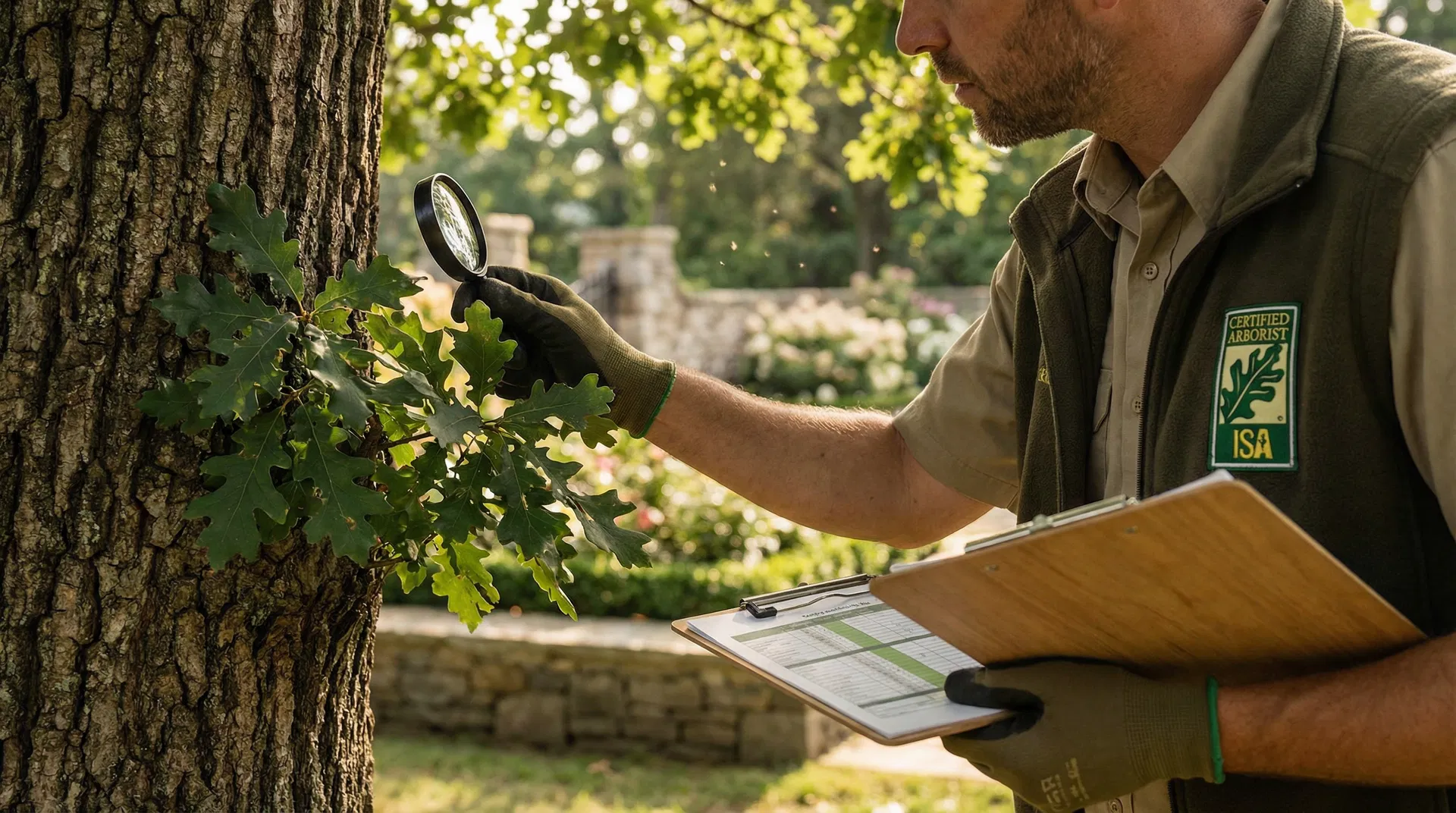 Certified arborist inspecting tree health
