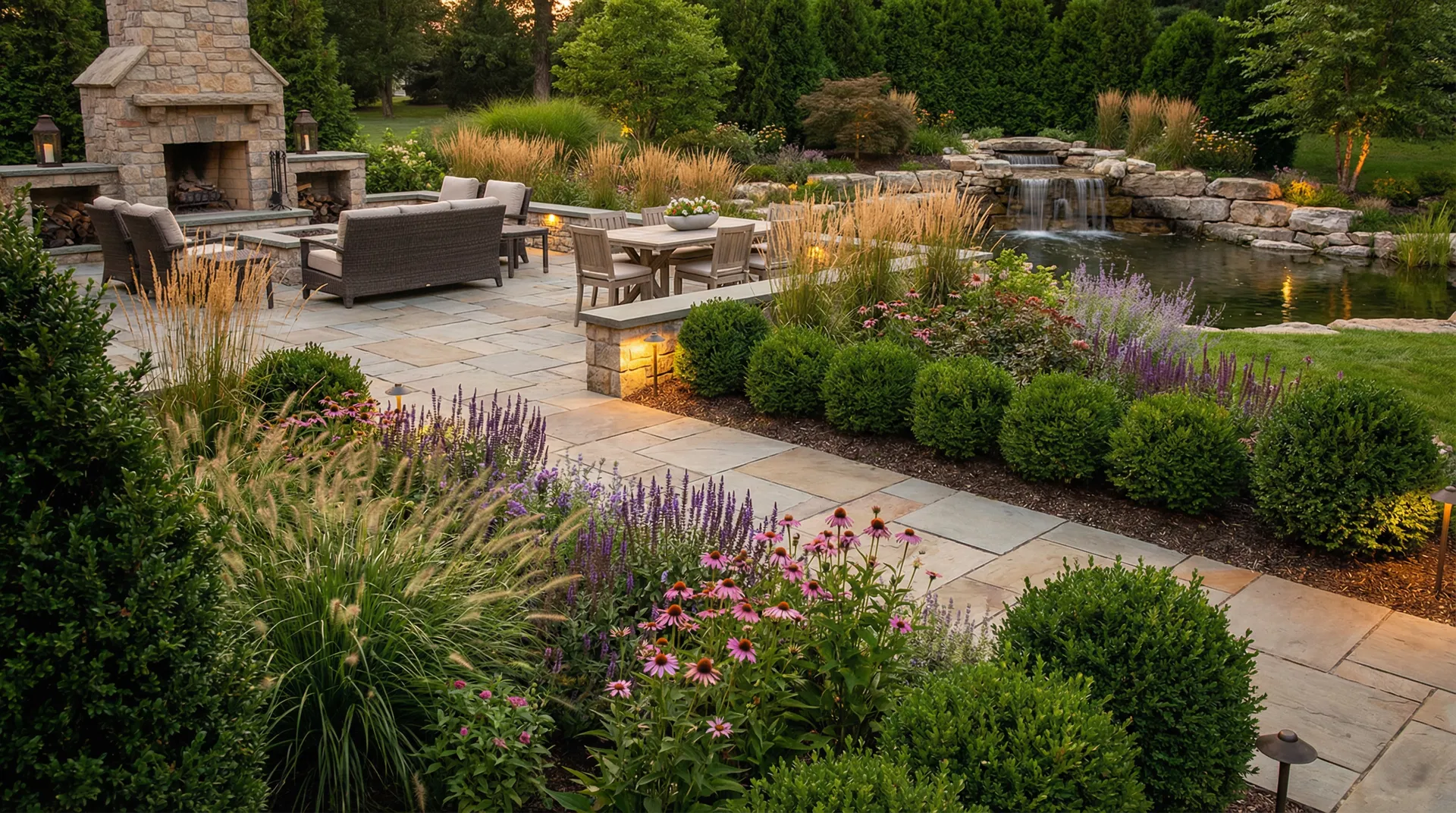 Luxury landscape design with stone patio