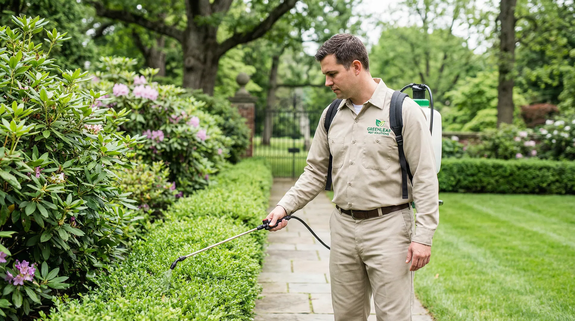 Professional pest control technician treating estate garden