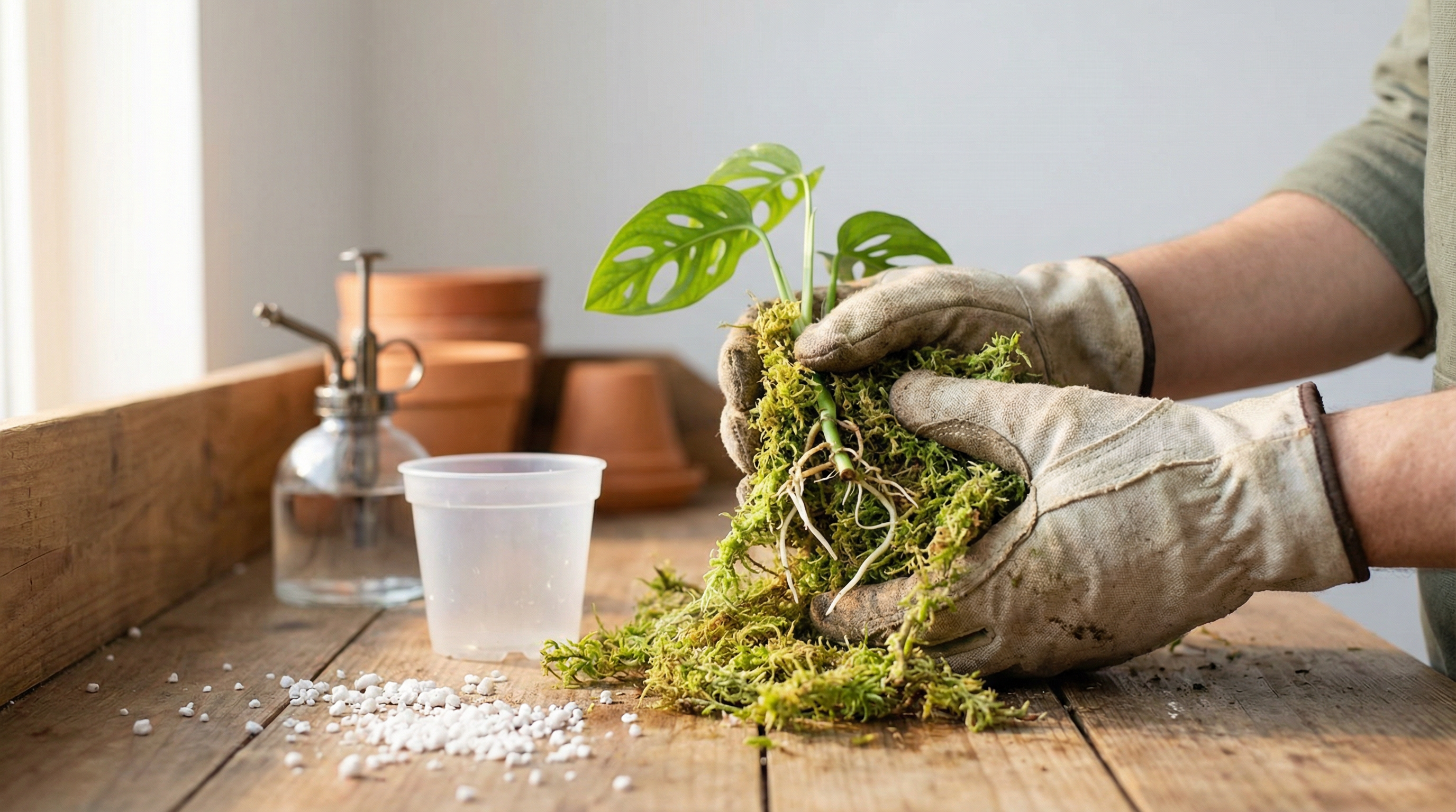 Gardener wrapping sphagnum moss around a tropical plant cutting