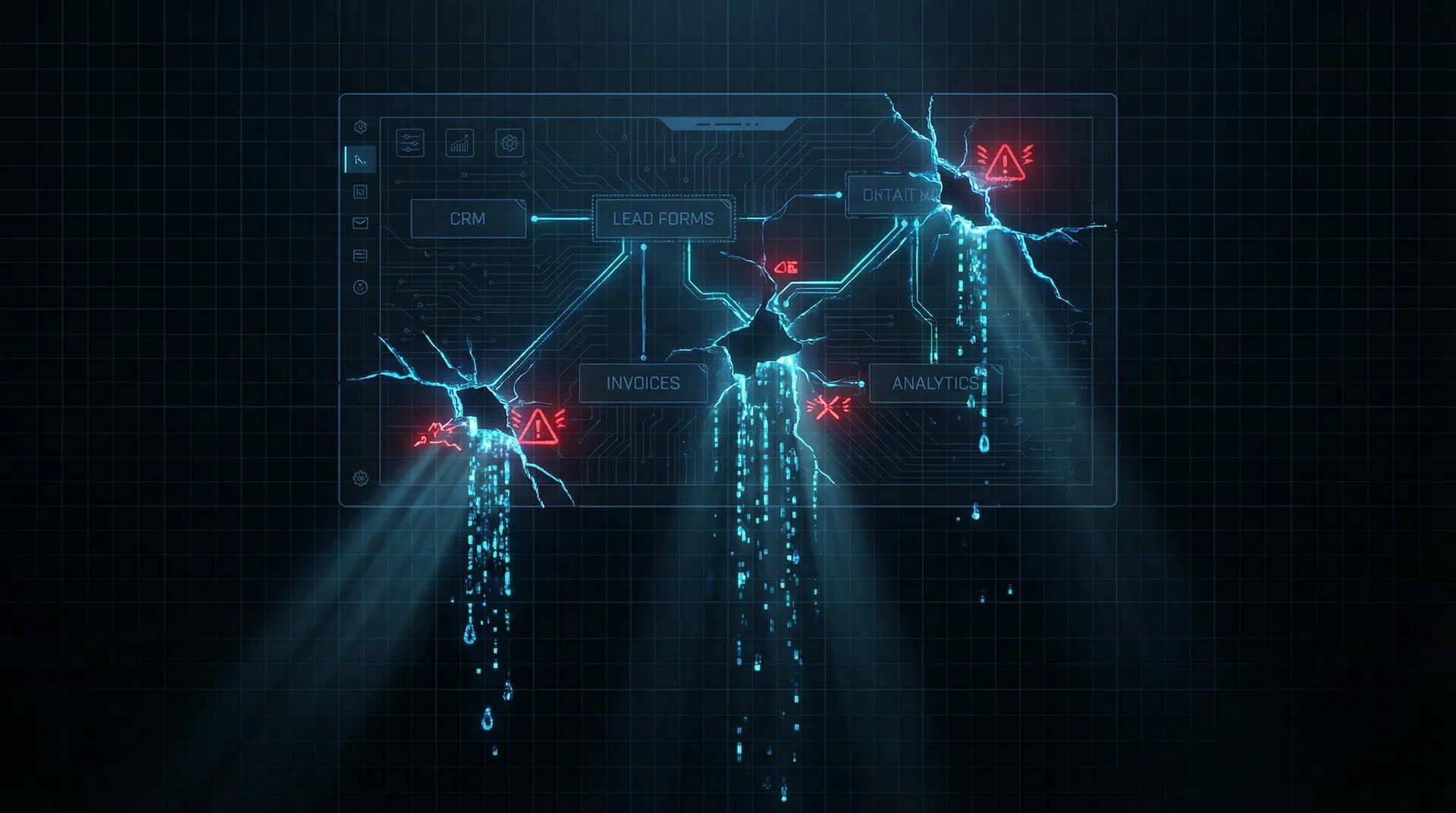 Business dashboard showing broken connections and revenue leaking through system cracks