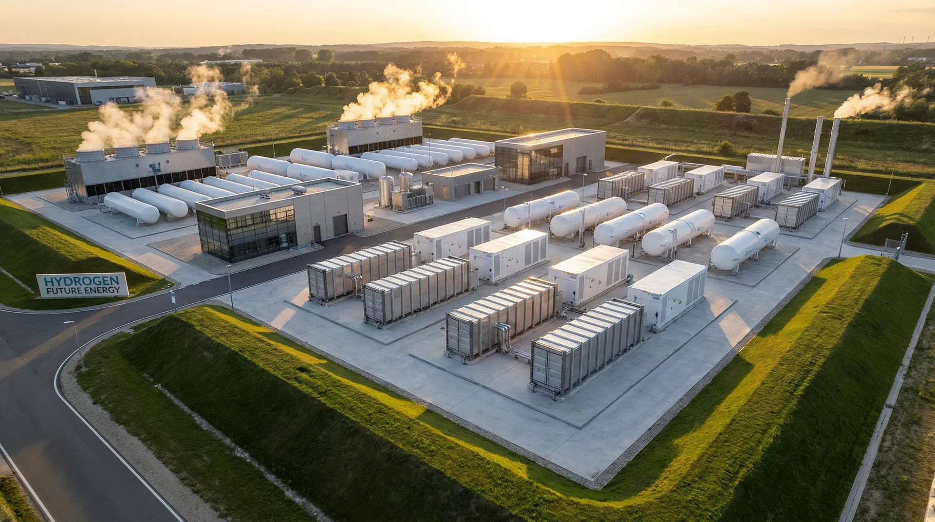 Hydrogen fuel cell power plant at golden hour
