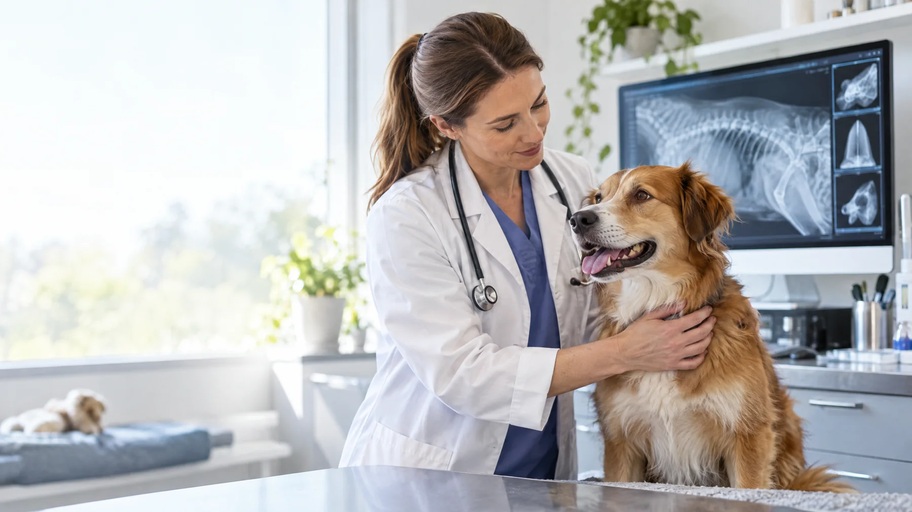 Veterinarian examining a dog in a clinic with radiographs on a screen