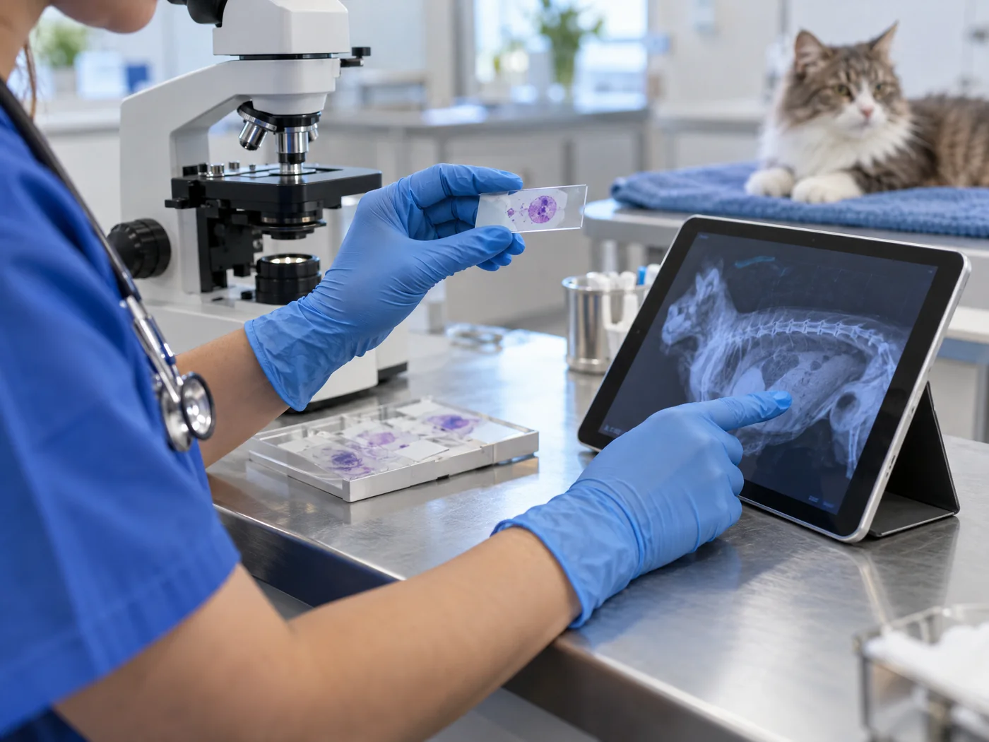 Veterinary professional reviewing a microscope slide and an animal radiograph on a tablet