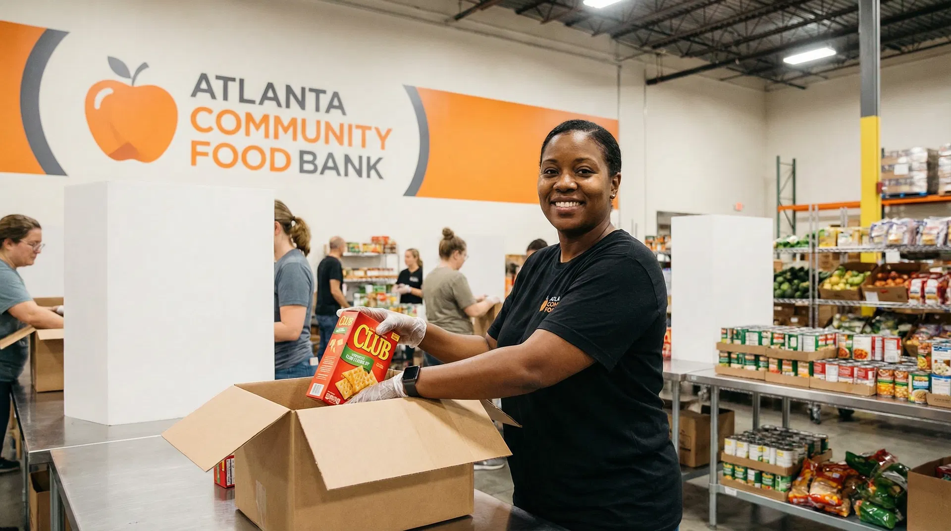 Atlanta Community Food Bank volunteer packing food boxes in Adamsville Community Food Center