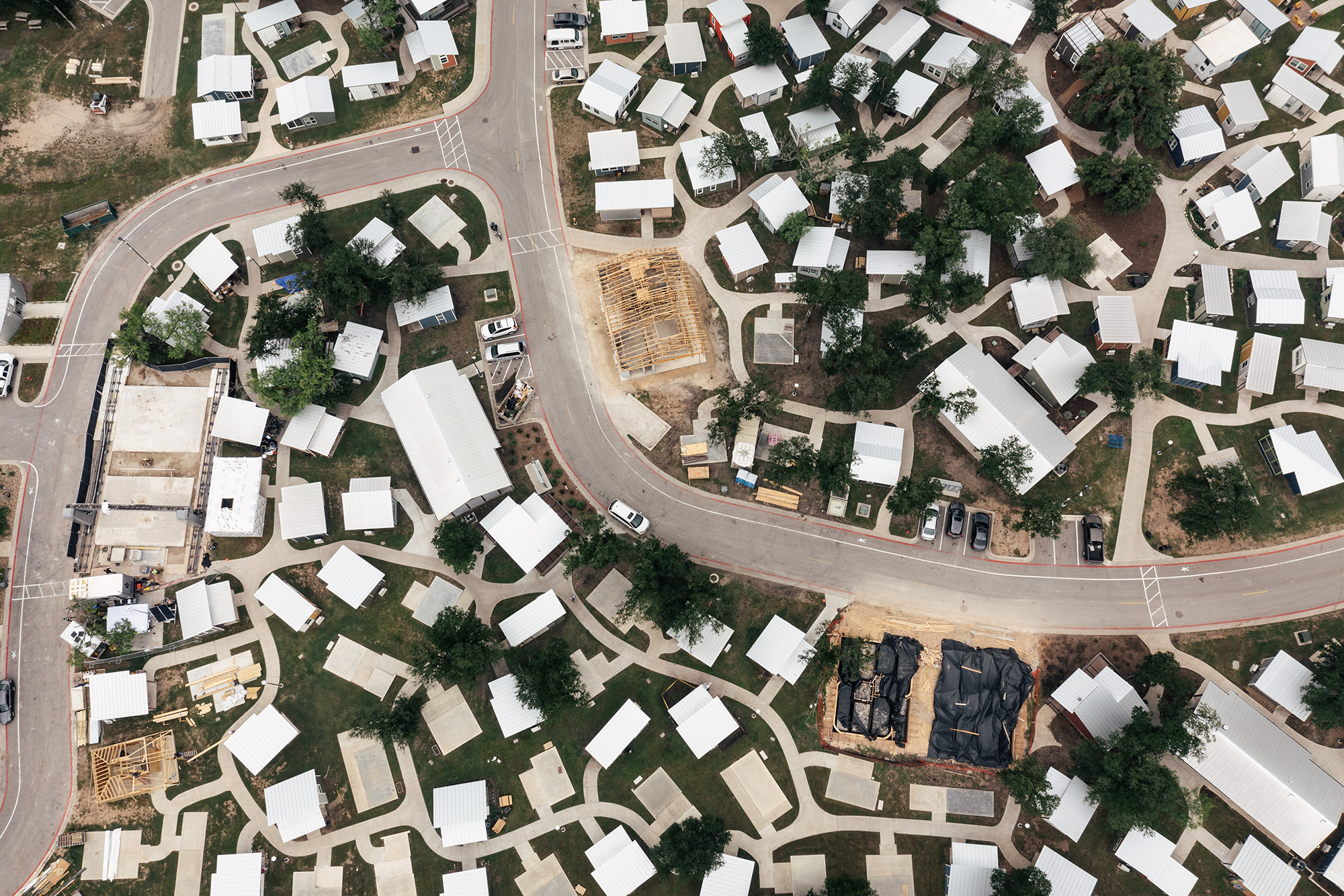 Aerial view of a tiny house community in Texas