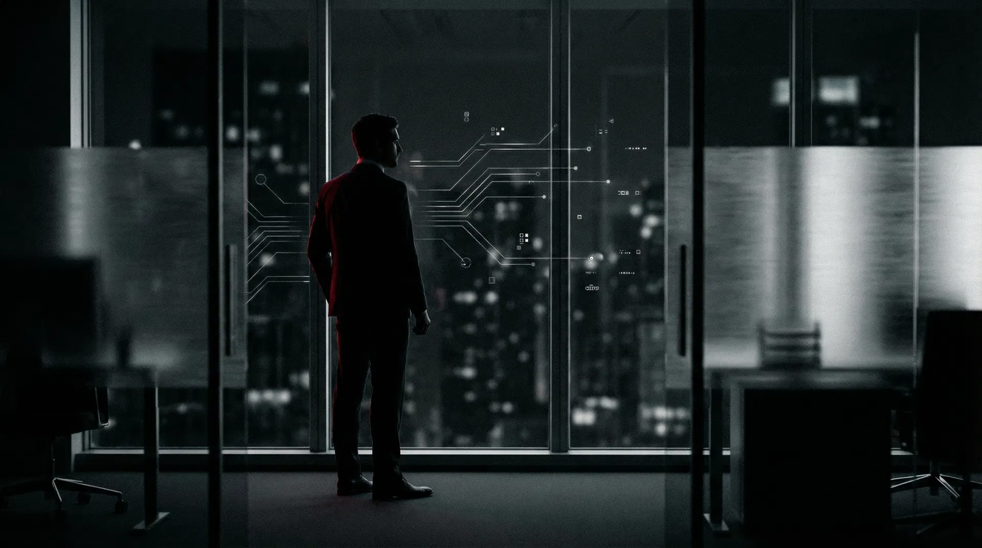 Carrick AI strategic cybersecurity and AI advisory — executive silhouette with digital network overlay