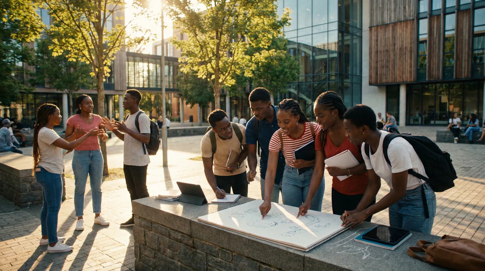 Students sharing knowledge outdoors