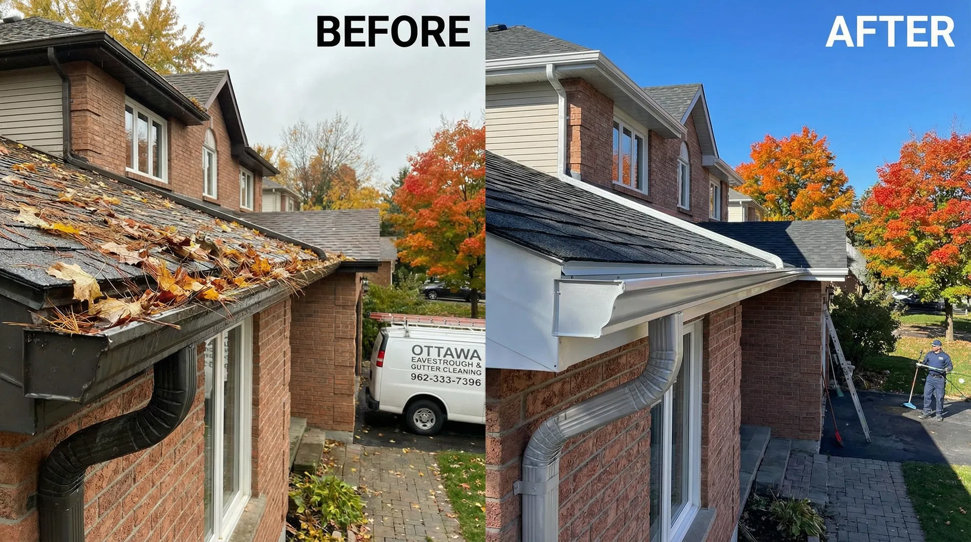 Eavestrough cleaning before and after Ottawa