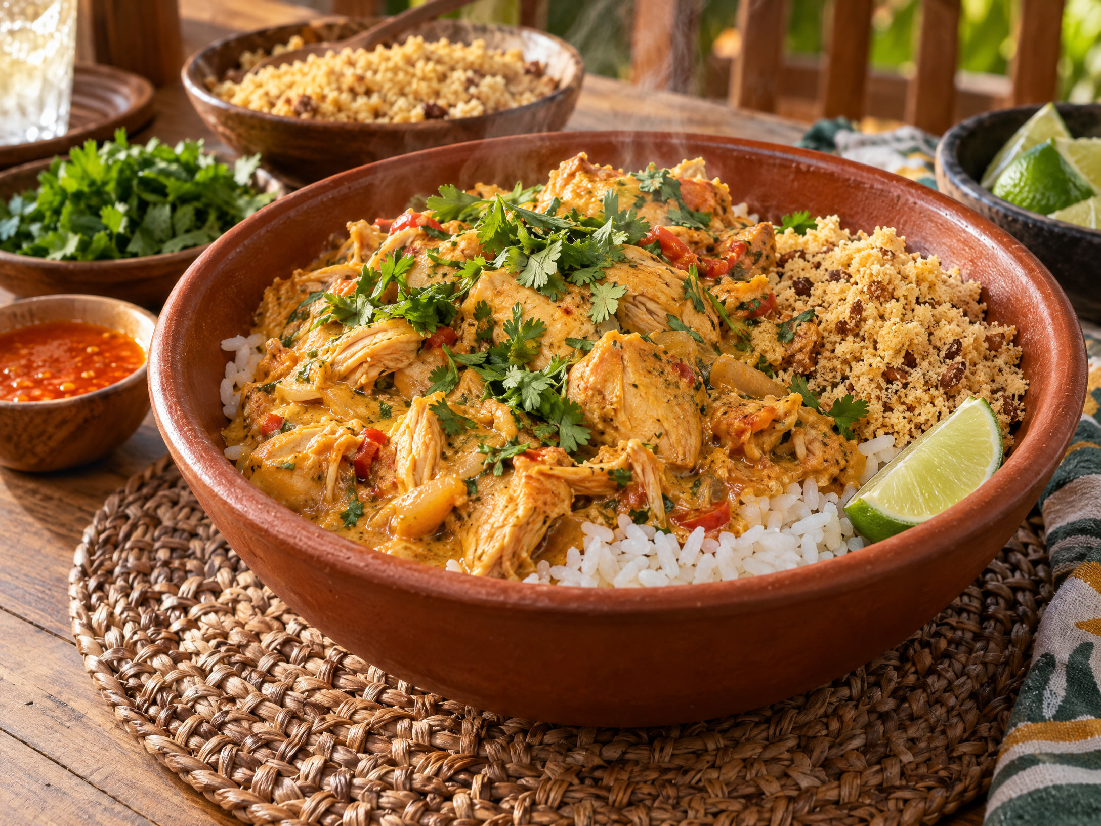 Spicy Brazilian coconut chicken served with rice and farofa