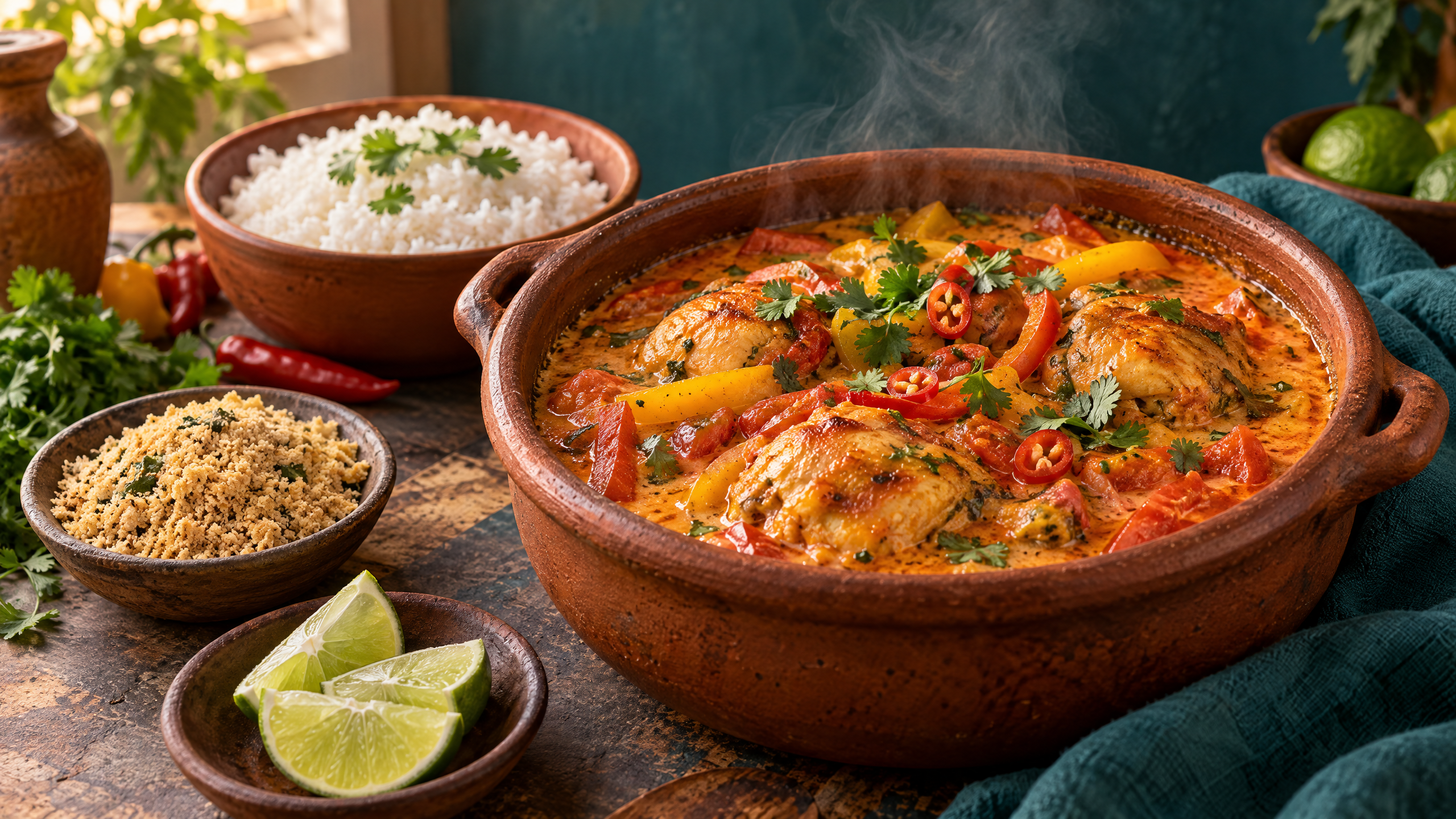 Frango brasileiro picante com coco em uma panela de barro