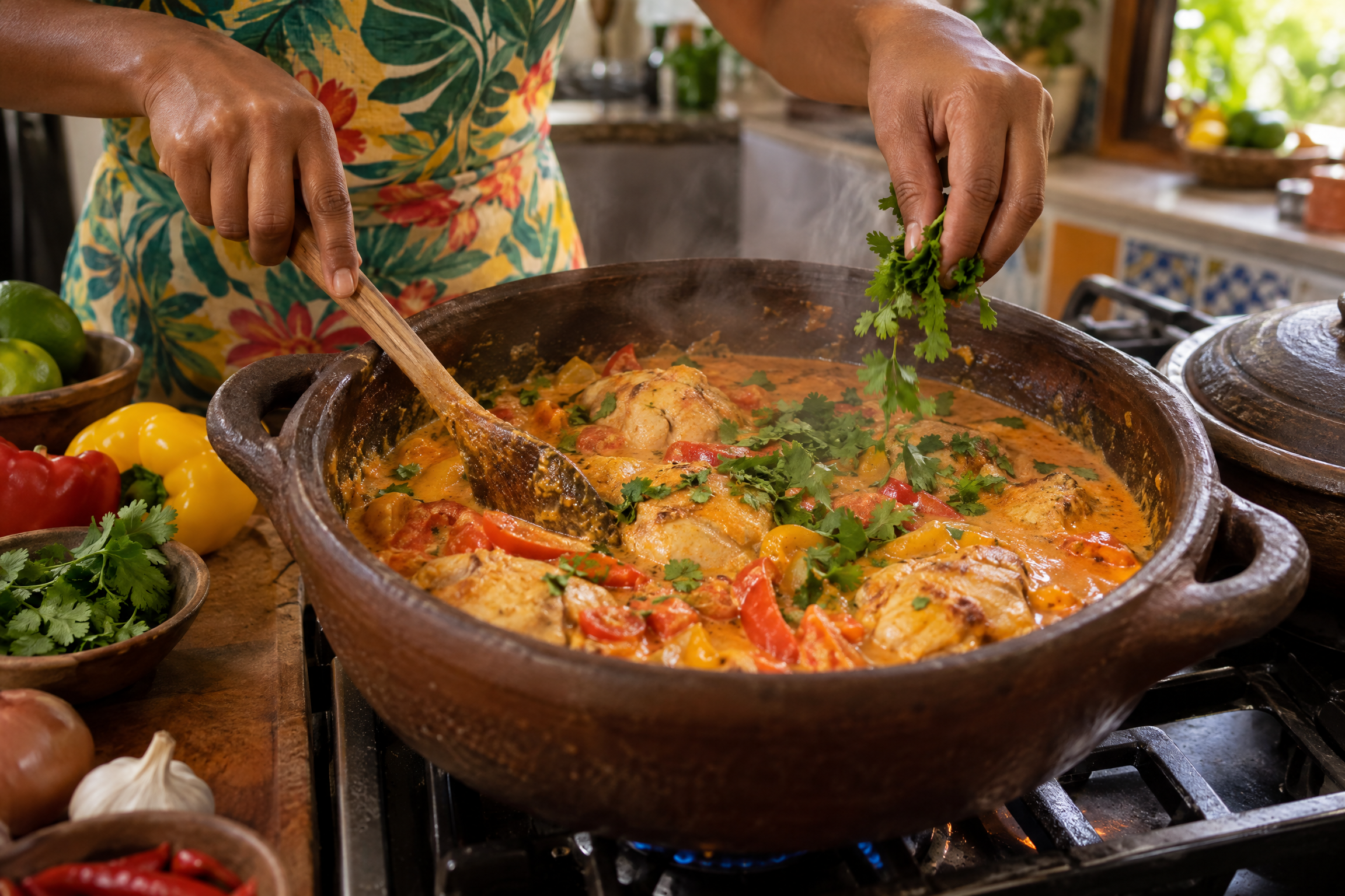 Frango cozinhando em uma panela rústica