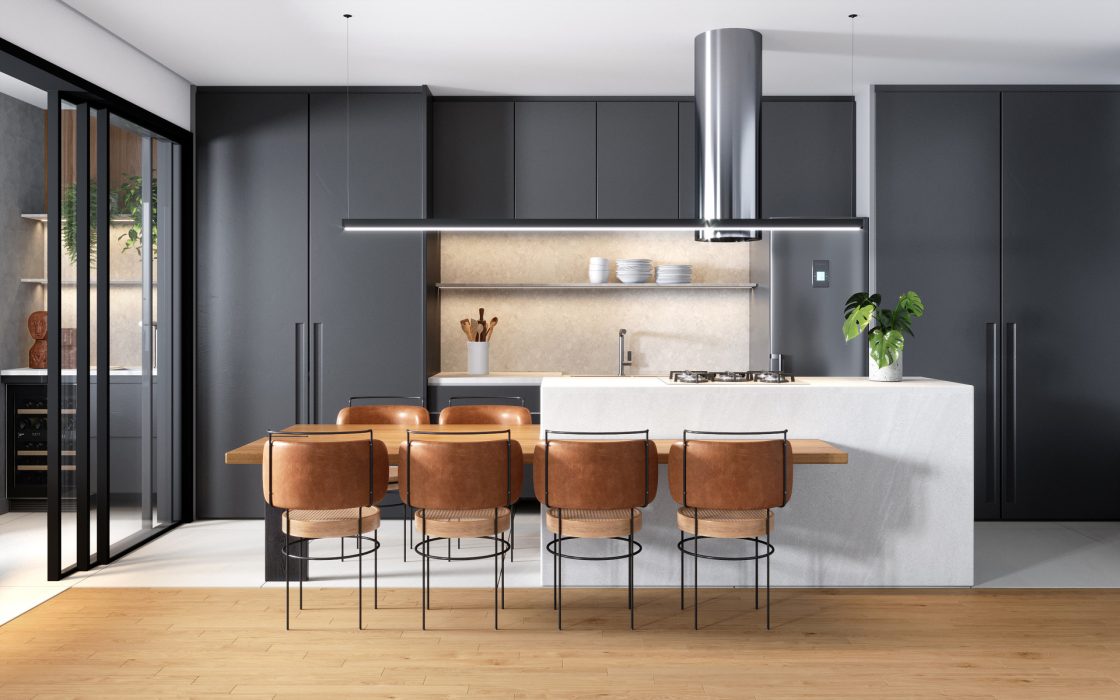 Cozinha com tons que estimulam socialização