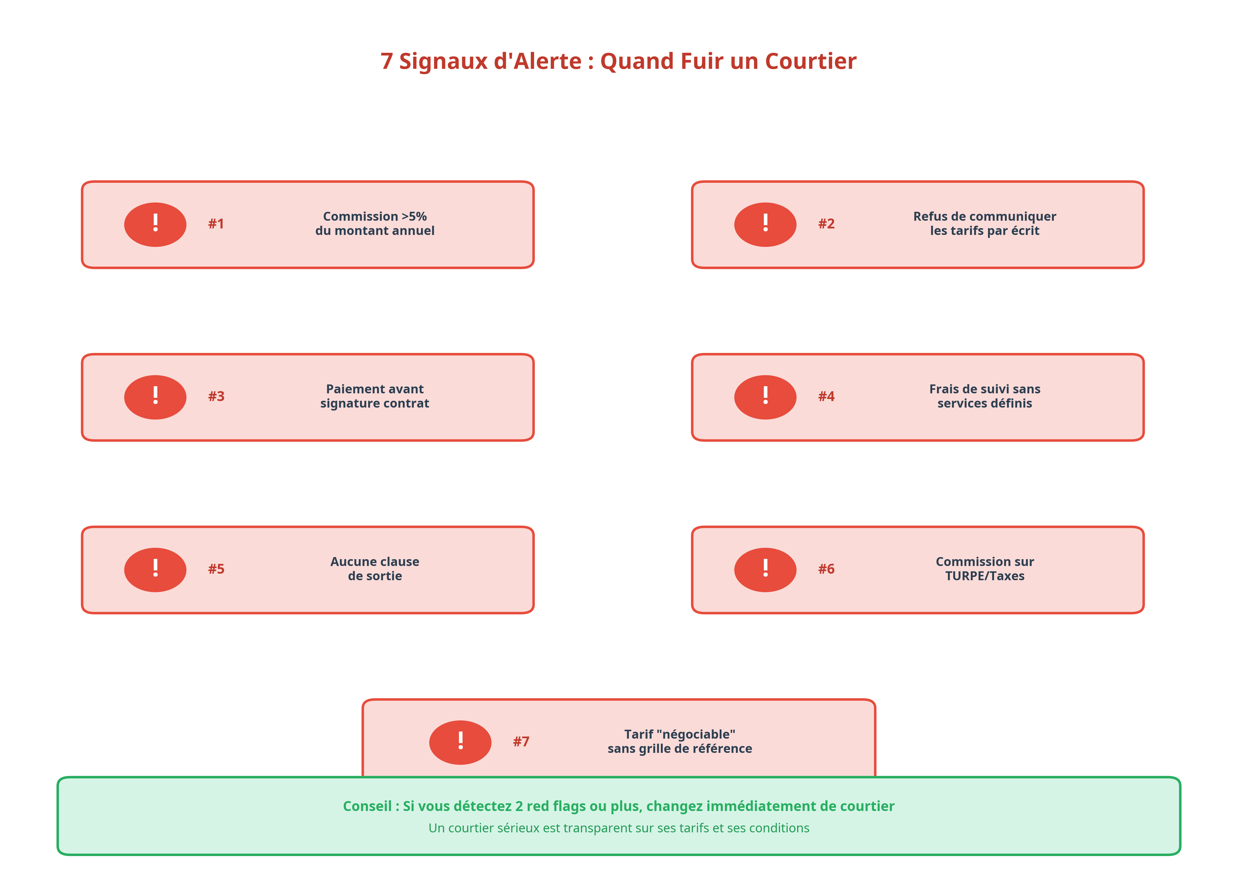 Infographie présentant les 7 signaux d'alerte à surveiller chez un courtier en énergie
