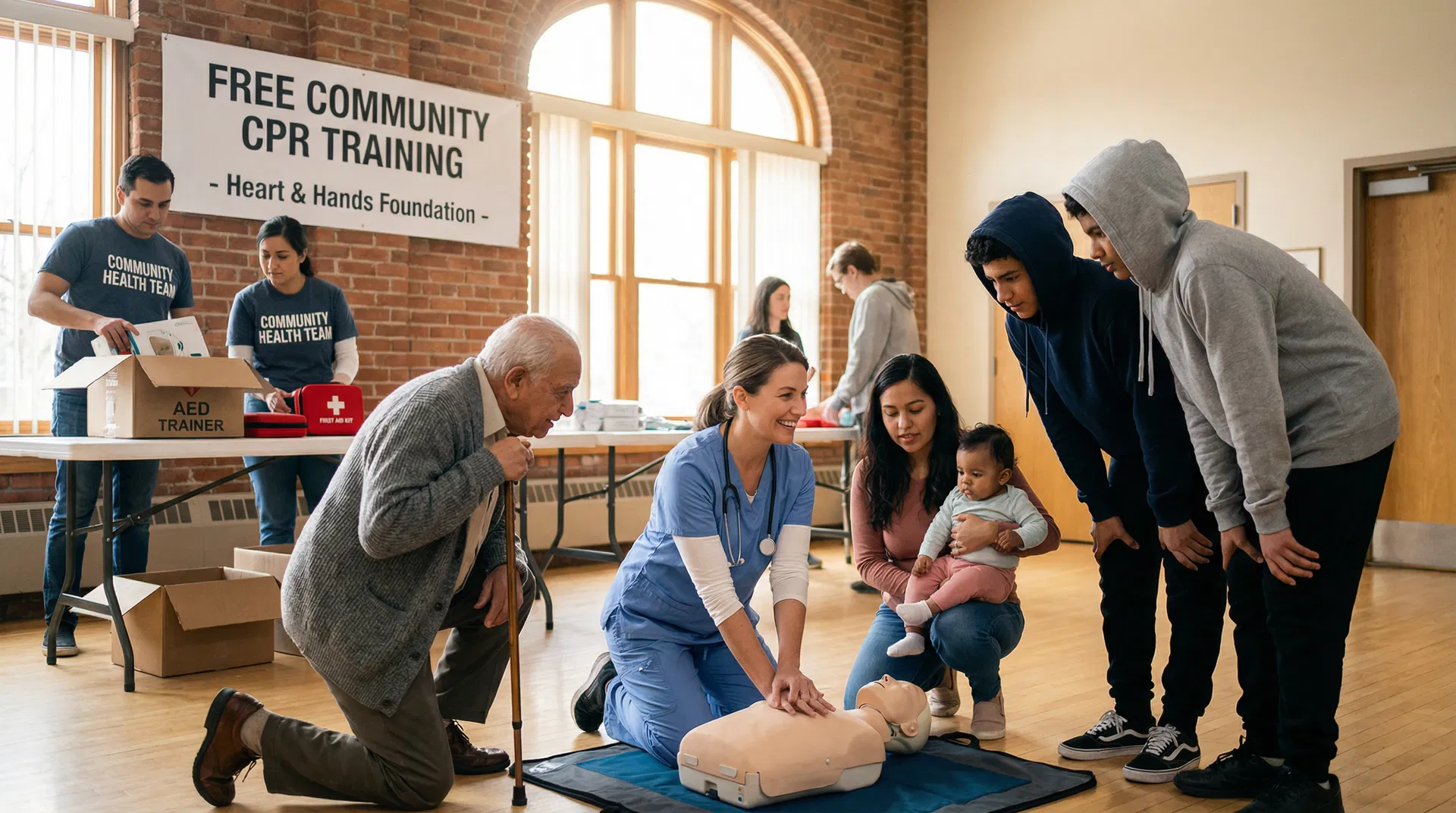 Community outreach scene showing diverse group learning CPR at free community training event with medical volunteers