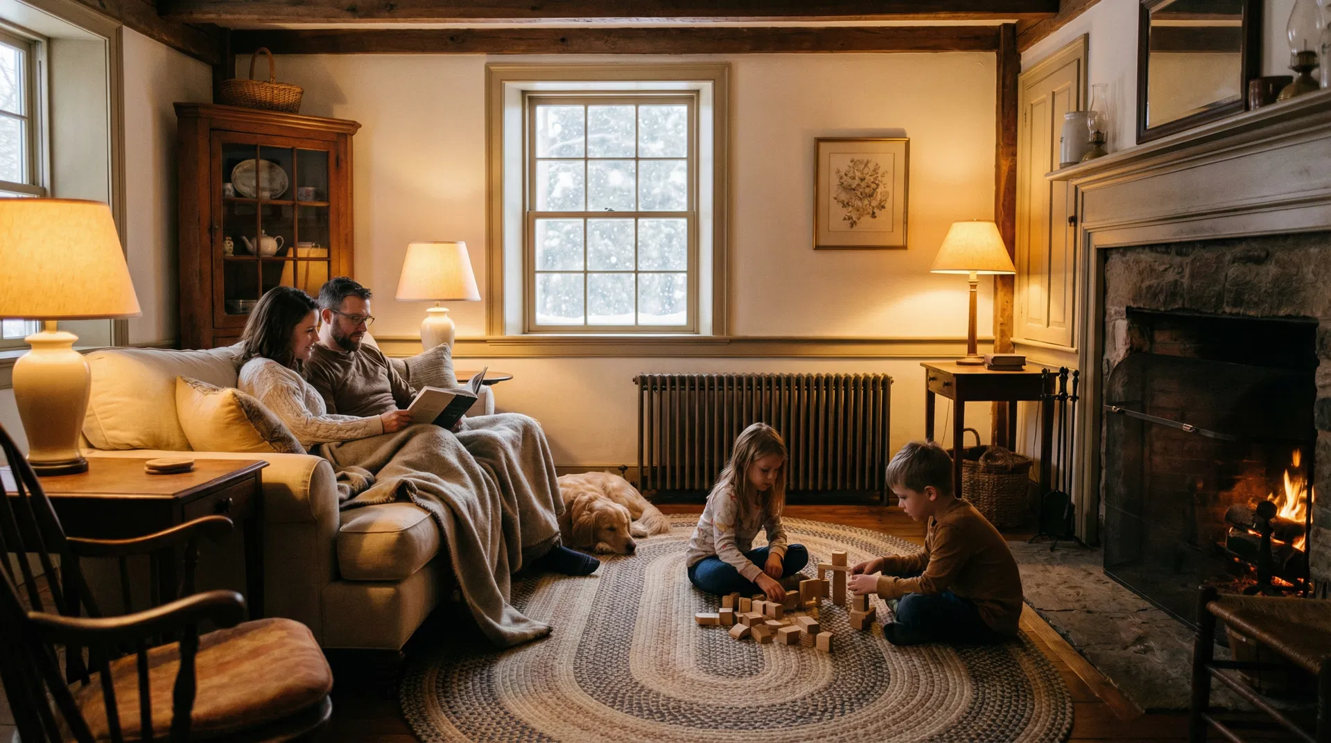 Family enjoying a warm, cozy home in winter