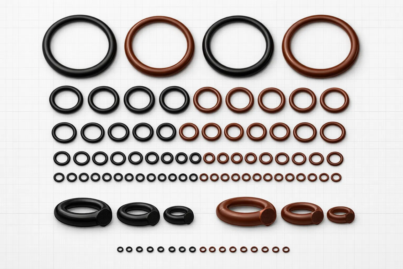 AS568 O-rings collection — NBR black and FKM brown rubber rings in various sizes