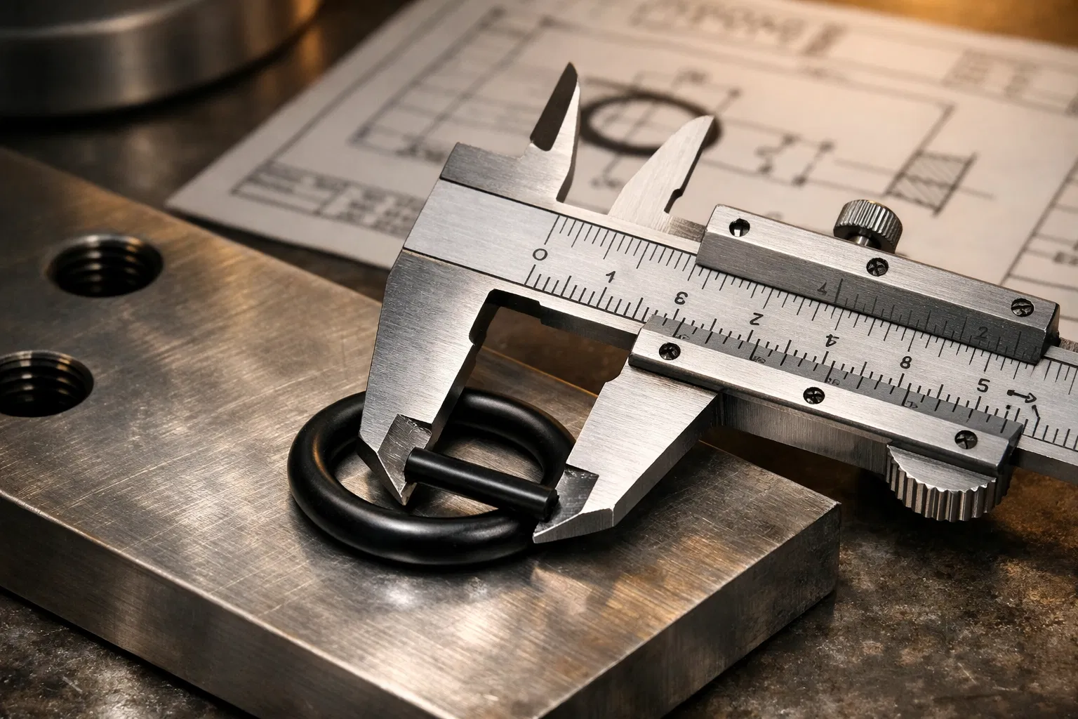 Quality control inspection — precision calipers measuring O-ring cross-section