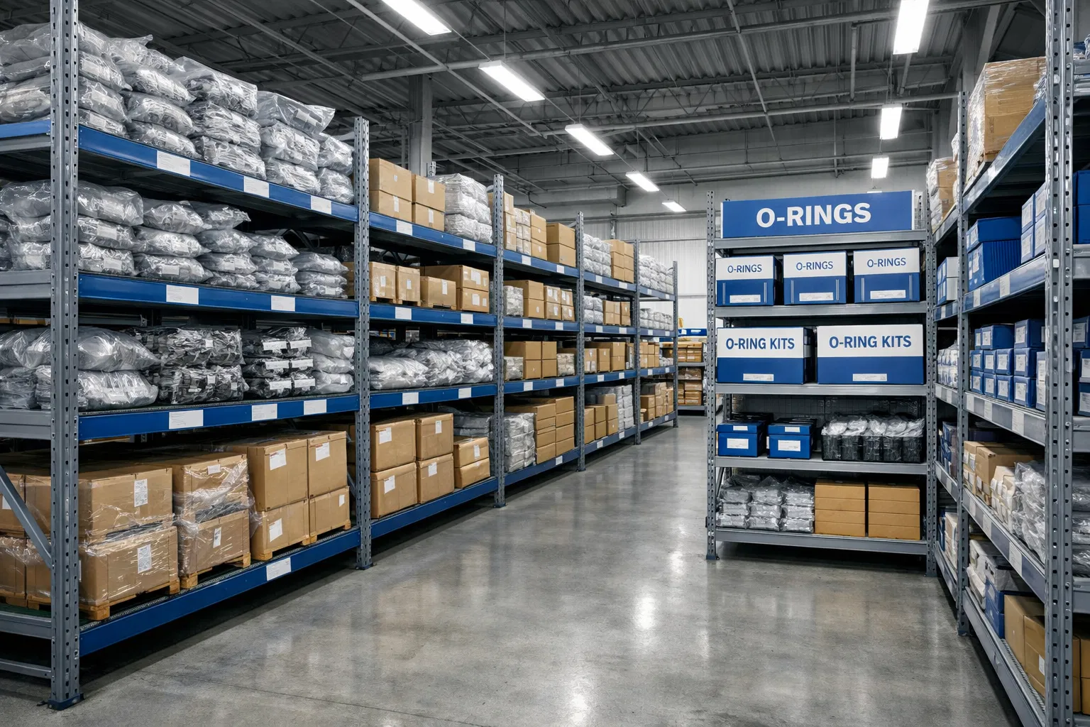 Organized industrial warehouse with O-ring inventory and sealing components