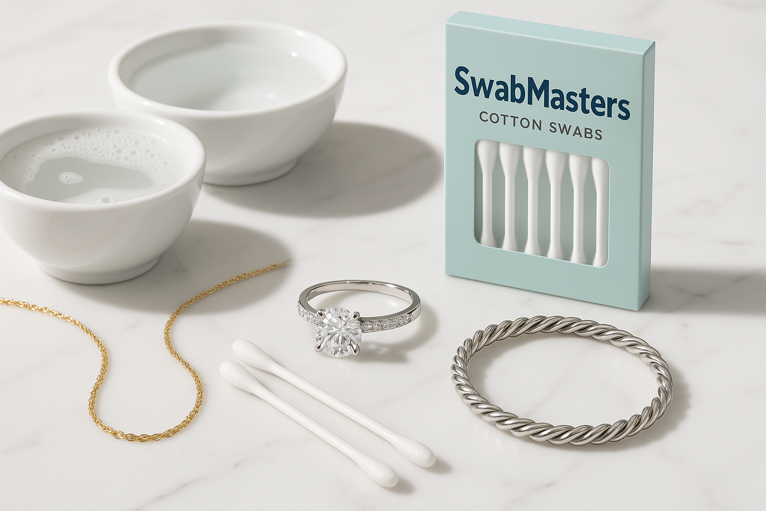 Professional jewelry cleaning setup with SWABMASTERS cotton swabs