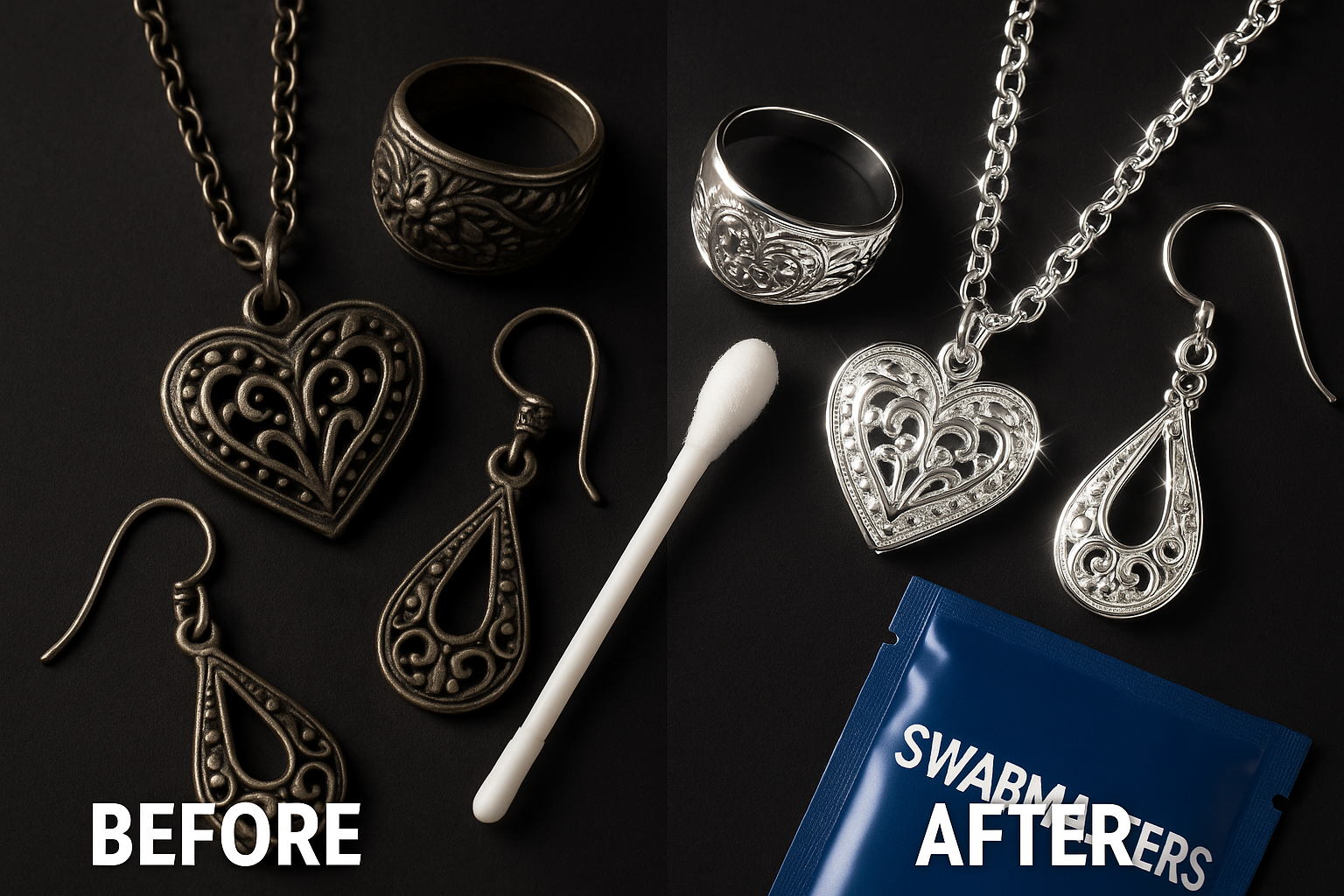 Before and after comparison of jewelry cleaning